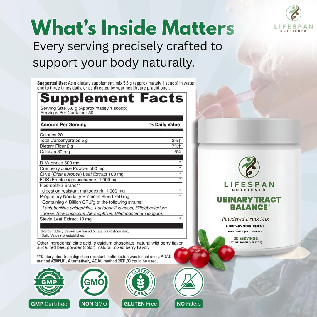 LifeSpan Nutrients D Mannose with Cranberry and Probiotics Powder Supports Urinary Tract and Bladder Health Easy Mix Drink Vegan Gluten Free 30 Servings LifeSpan NutrientsAu supplements