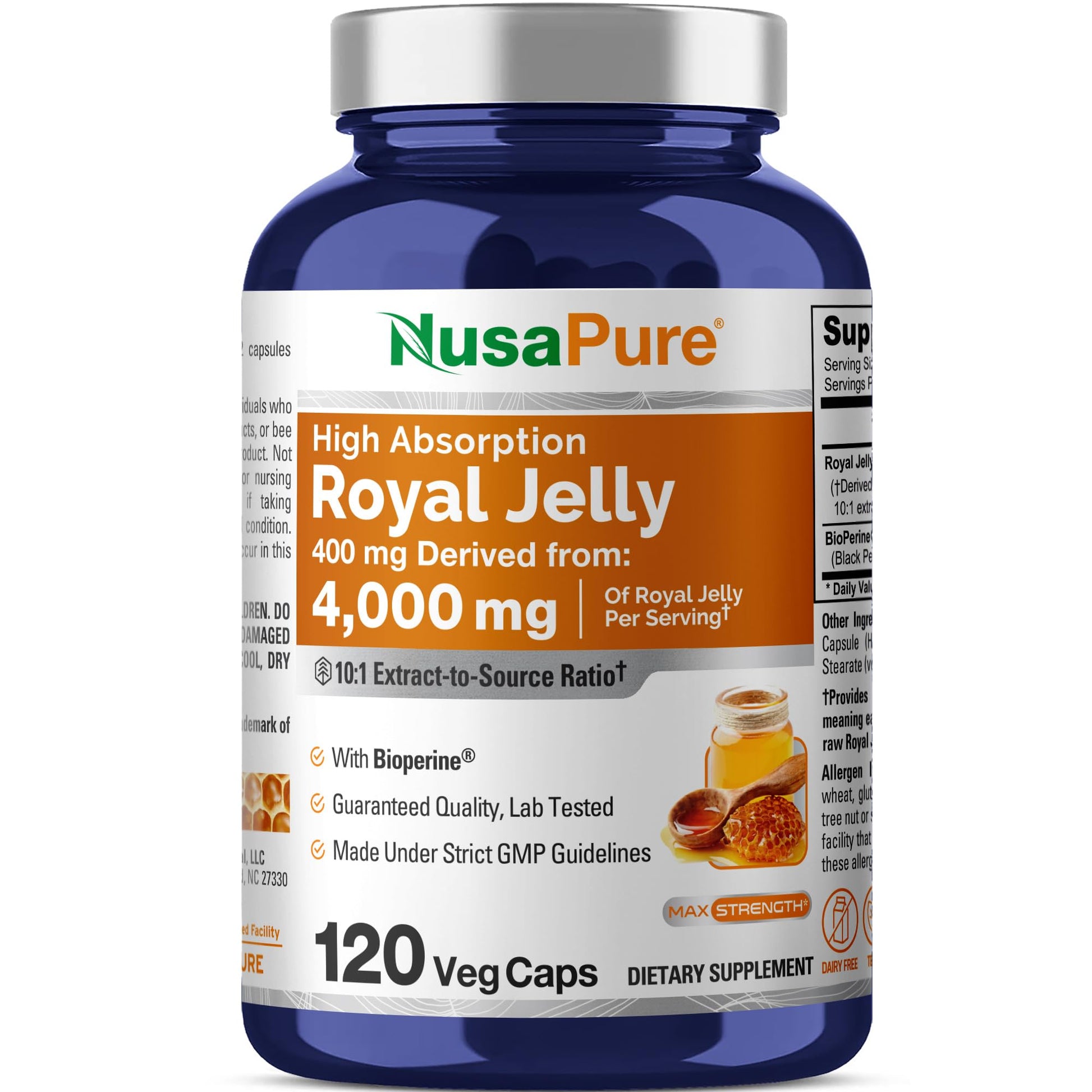 NusaPure Royal Jelly 10:1 Extract, 400 mg Equivalent to 4000mg - 120 Veggie Capsules (Non-GMO, Dairy Free, Dietary Supplement) NusaPureAu supplements
