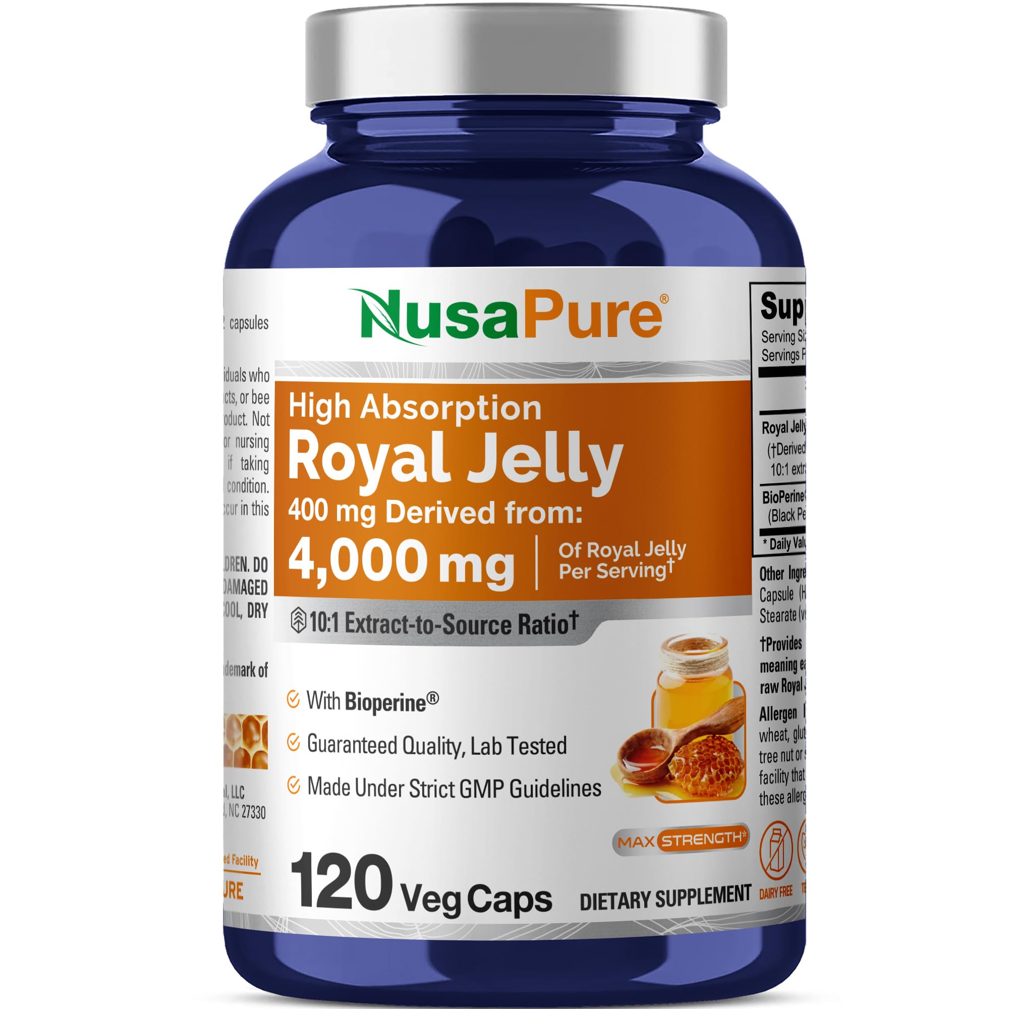 NusaPure Royal Jelly 10:1 Extract, 400 mg Equivalent to 4000mg - 120 Veggie Capsules (Non-GMO, Dairy Free, Dietary Supplement) NusaPureAu supplements