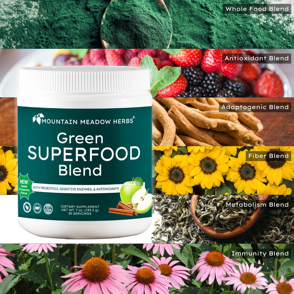 Mountain Meadow Herbs Green Superfood Blend – Spirulina, Chlorella, Mushrooms, Probiotics, Digestive Enzymes, Antioxidants – Organic Greens Powder for Energy & Gut Health – 30 Servings Mountain Meadow HerbsAu supplements