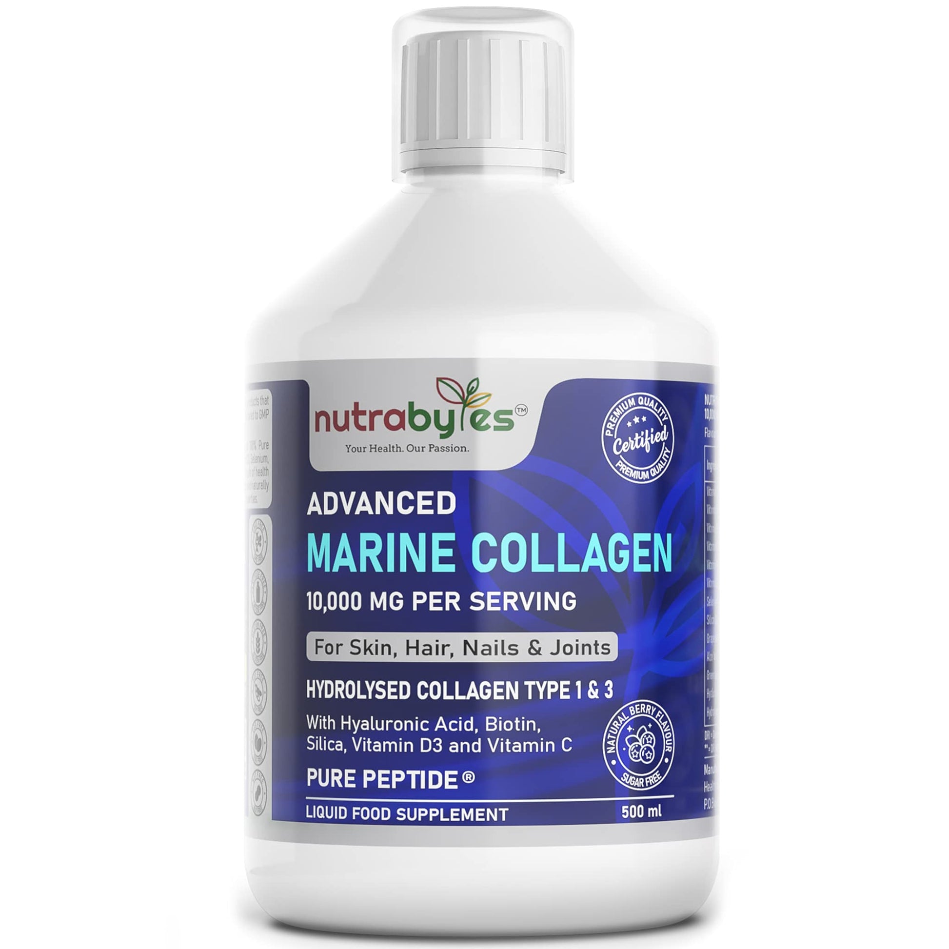 Marine Collagen Liquid 10000mg Sugar Free, Hydrolysed Peptides | Hyaluronic Acid, Biotin, Silica, Vitamin C, Vitamin D3 NUTRABYTESAu supplements