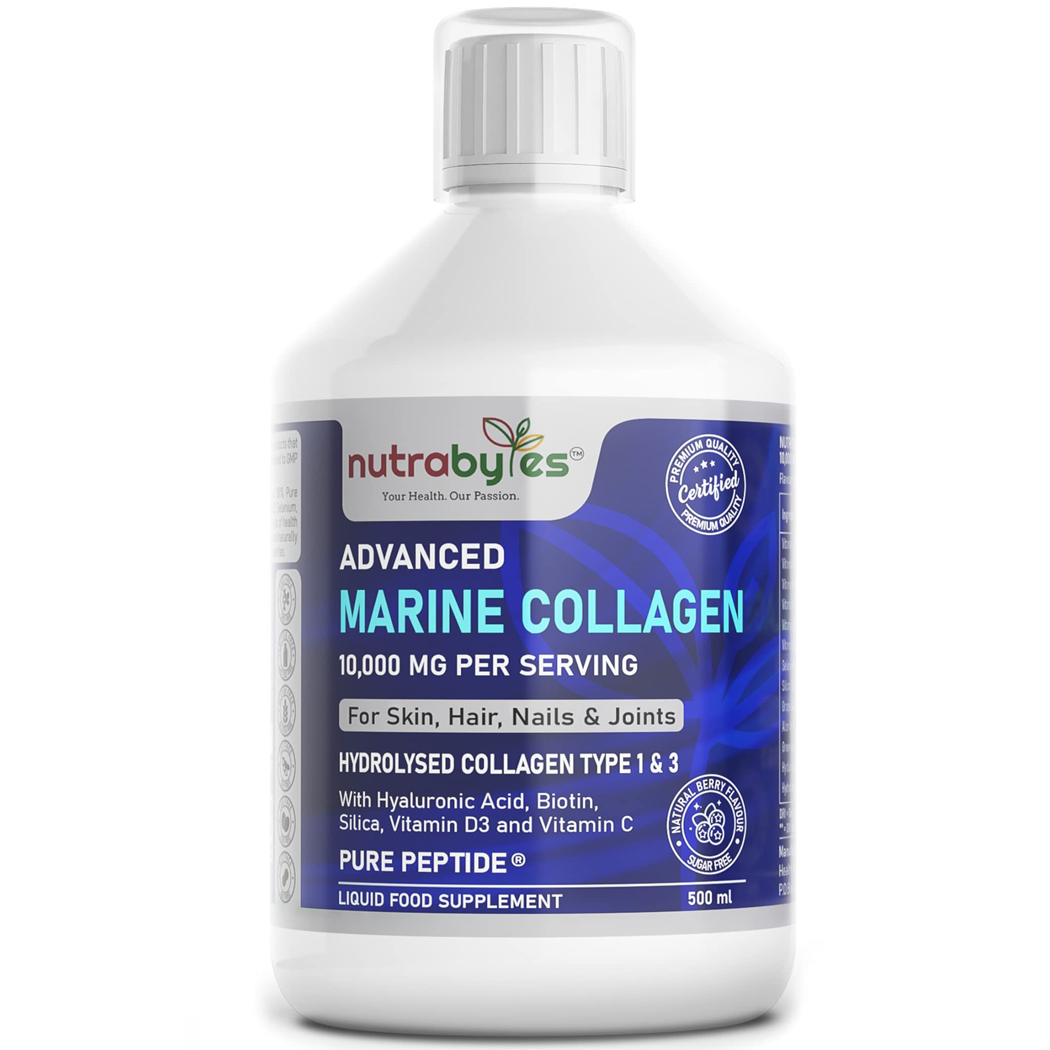 Marine Collagen Liquid 10000mg Sugar Free, Hydrolysed Peptides | Hyaluronic Acid, Biotin, Silica, Vitamin C, Vitamin D3 NUTRABYTESAu supplements