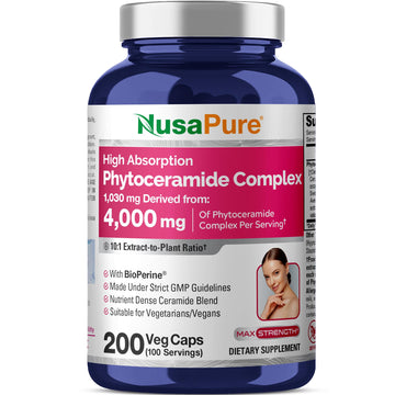 NusaPure Phytoceramide Complex 10:1 Extract, 1030 mg Equivalent to 4000 mg 200 Veggie Capsules (Non-GMO) Bioperine NusaPureAu supplements