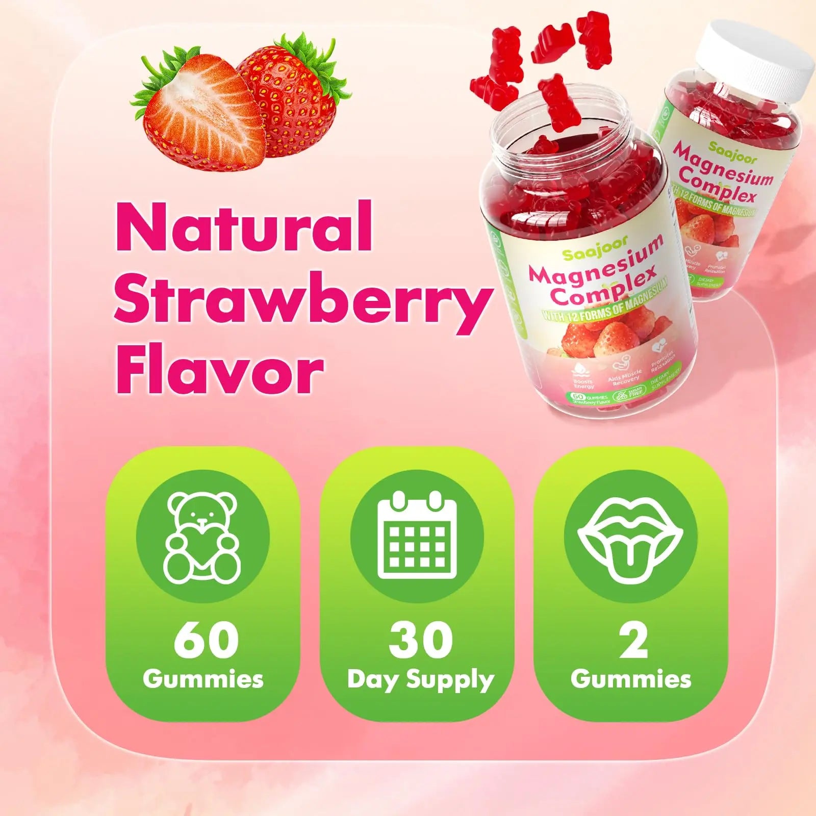 Magnesium Complex Gummies – with 12 Forms of Magnesium (Citrate, Glycinate, Malate, Oxide, and More) Plus Vitamins B6, B12, and C. for Women and Men – Strawberry Flavor, 60 Count Saajoornz supplements