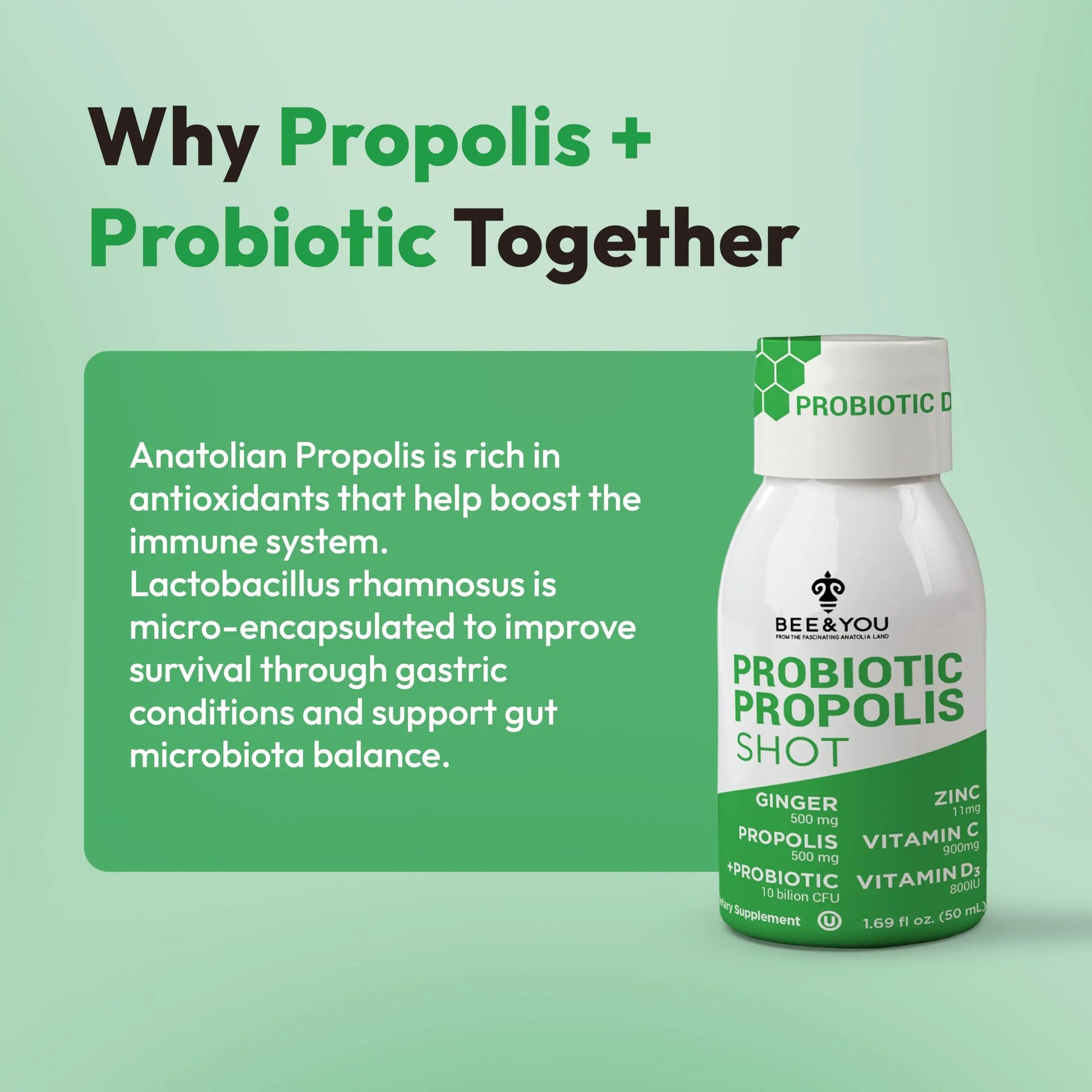 Bee and You Propolis Immune Shot, Probiotic, Vitamin C, Vitamin D3, Zinc, Ginger, Immune Support, Gut Health, Digestive Health, Bioactive 1.69 Fl. oz, 12 Pack BEE & YOUAu supplements