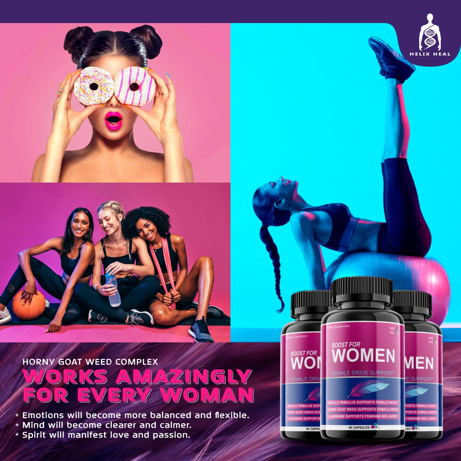 Helix Heal Libido Booster for Women Fast Acting with Horny Goat Weed - Female Desire Pills with Maca Root, Tribulus Terrestris, Ginseng and Hornygoatweed Women - Hormone Balance, Made in USA (60 ct) Helix HealAu supplements