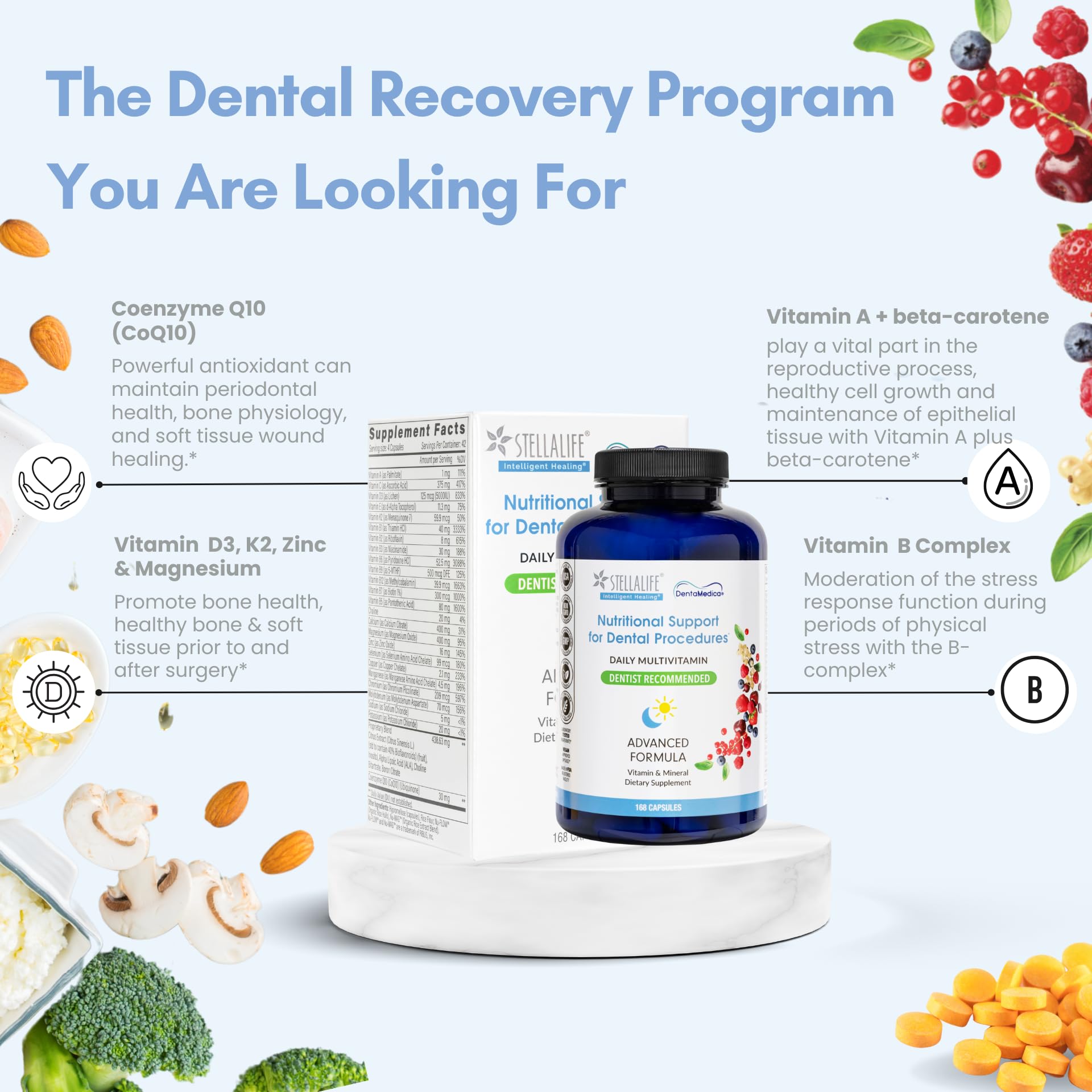 StellaLife DentaMedica Vegan Daily Multivitamin Nutritional Support for Faster Dental Surgery Recovery, VIT D3 K2 C B Zinc CoQ10 Magnesium, Healthy Bones & Gums, Non-GMO, GMP USA, 168 Capsules StellaLifeAu supplements