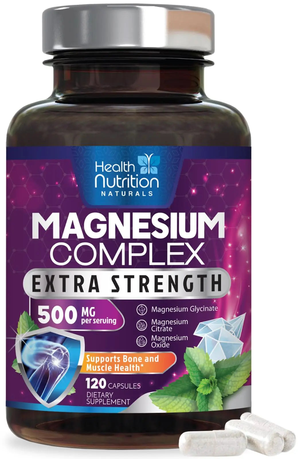 Magnesium Complex Capsules - 500mg per Serving Magnesium - High Absorption Chelated Mineral Supplement - with Oxide, Glycinate, Malate, Citrate for Muscle Bone and Heart Health Support - 120 Capsules Health Nutrition NaturalsAu supplements