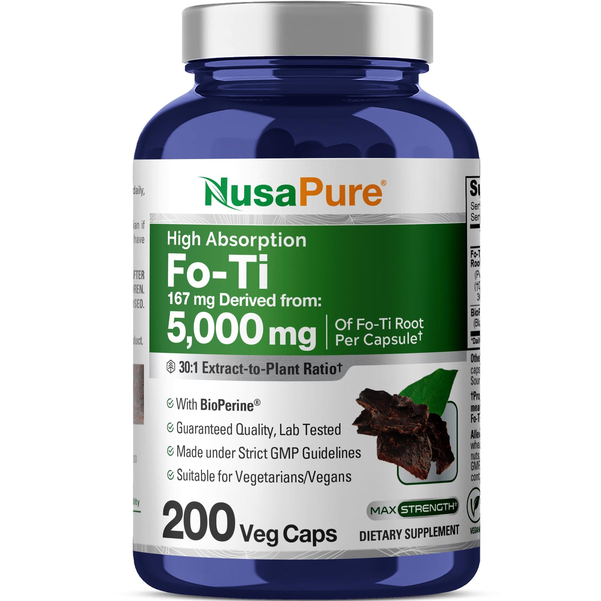 NusaPure Fo-Ti 30:1 Extract, 167 mg Equivalent to 5000mg per Veg Caps, 200 Count, Non-GMO, Vegan, Bioperine NusaPureAu supplements