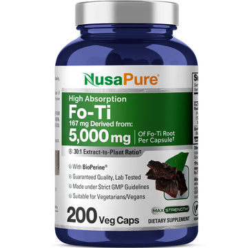 NusaPure Fo-Ti 30:1 Extract, 167 mg Equivalent to 5000mg per Veg Caps, 200 Count, Non-GMO, Vegan, Bioperine NusaPureAu supplements