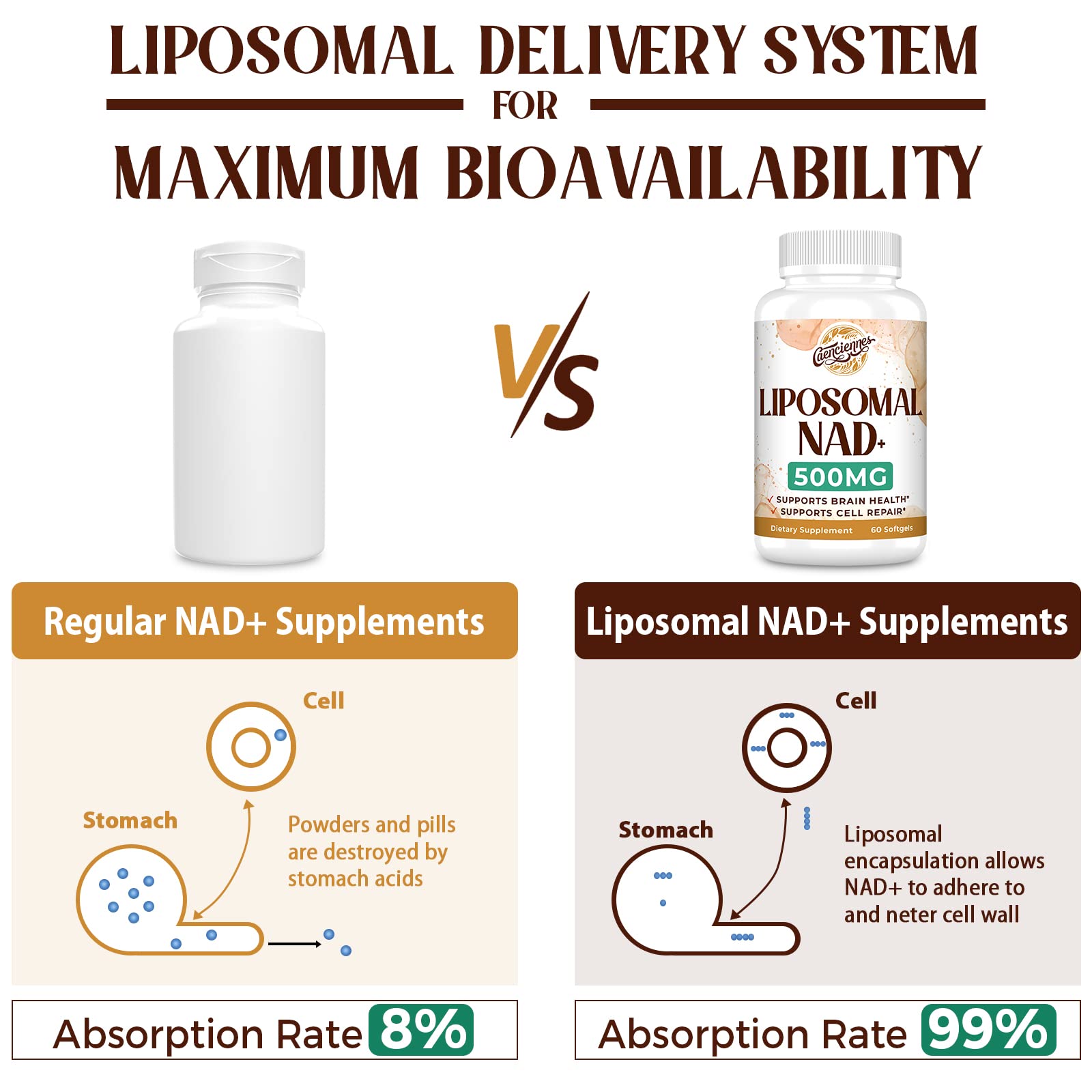 Liposomal NAD+ 500 MG Supplement, True NAD Plus Supplement, Superior Absorption, Boost NAD+ More Efficient Than Nicotinamide Riboside for Cellular Energy, Healthy Aging, 120 Serving CaenciennesAu supplements