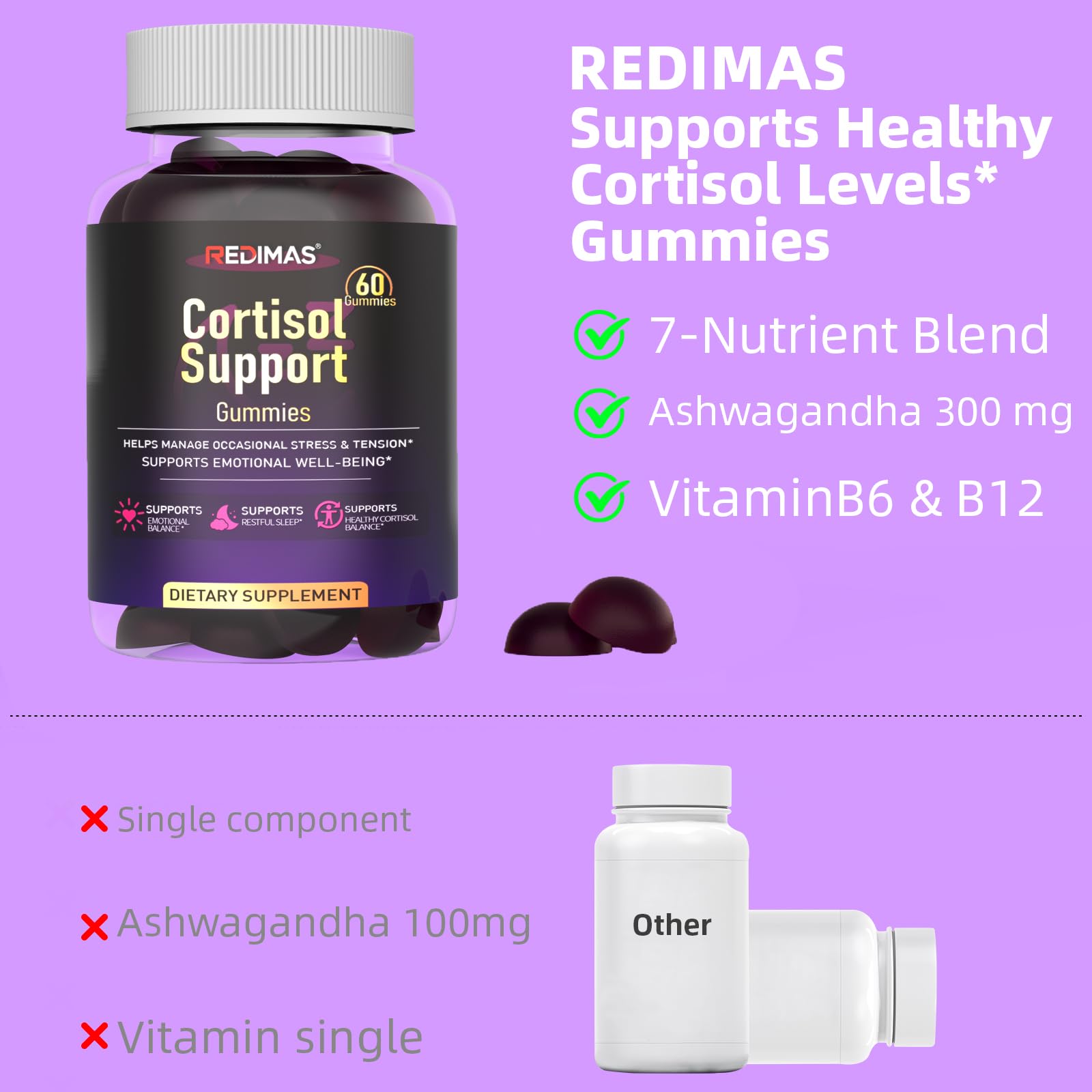 Redimas Cortisol Gummies for Women & Men with Ashwagandha, Magnesium, L-Theanine and Multivitamin, Vegan Chewable Gummies for Daily Lifestyle Balance, Convenient Adult Supplement, 60 Count RedimasAu supplements