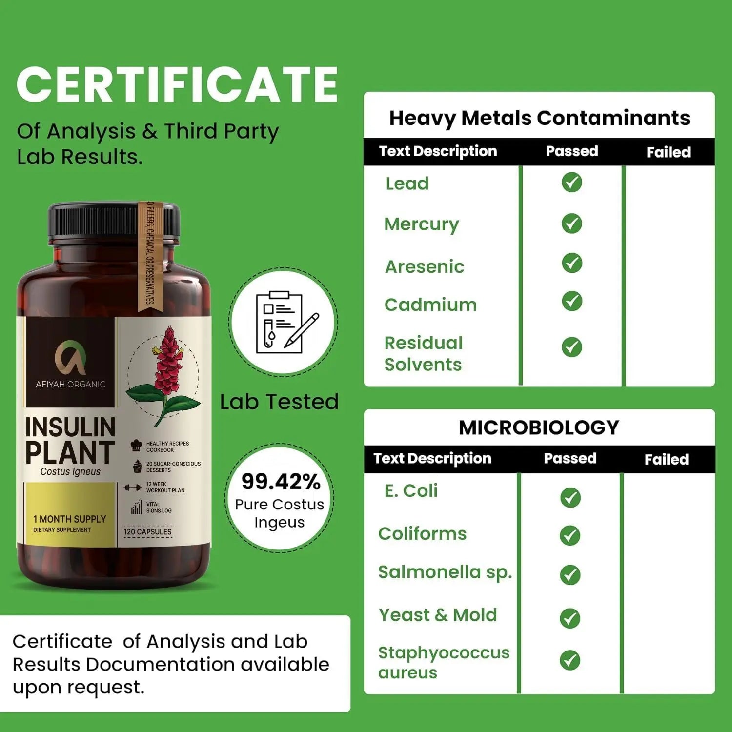 Afiyah Organic - Premium Quality Costus Igneus (Insulin Plant) Capsules - Easy to Swallow 120 Veggie Capsules (1 Month Supply) - Made in the USA - Including Complete Health Support Program Afiyah OrganicAu supplements
