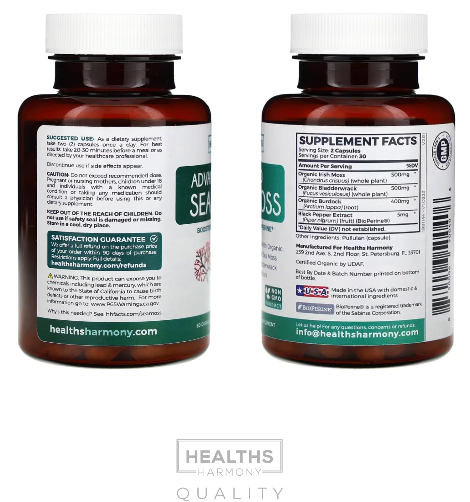 Organic Irish Sea Moss Capsules - Organic Sea Moss Capsules with Bladderwrack Burdock Root and Black Pepper Extract for Enhanced Absorption - Vegan Non-GMO & Made in the USA (1 Month Supply) Healths HarmonyAu supplements