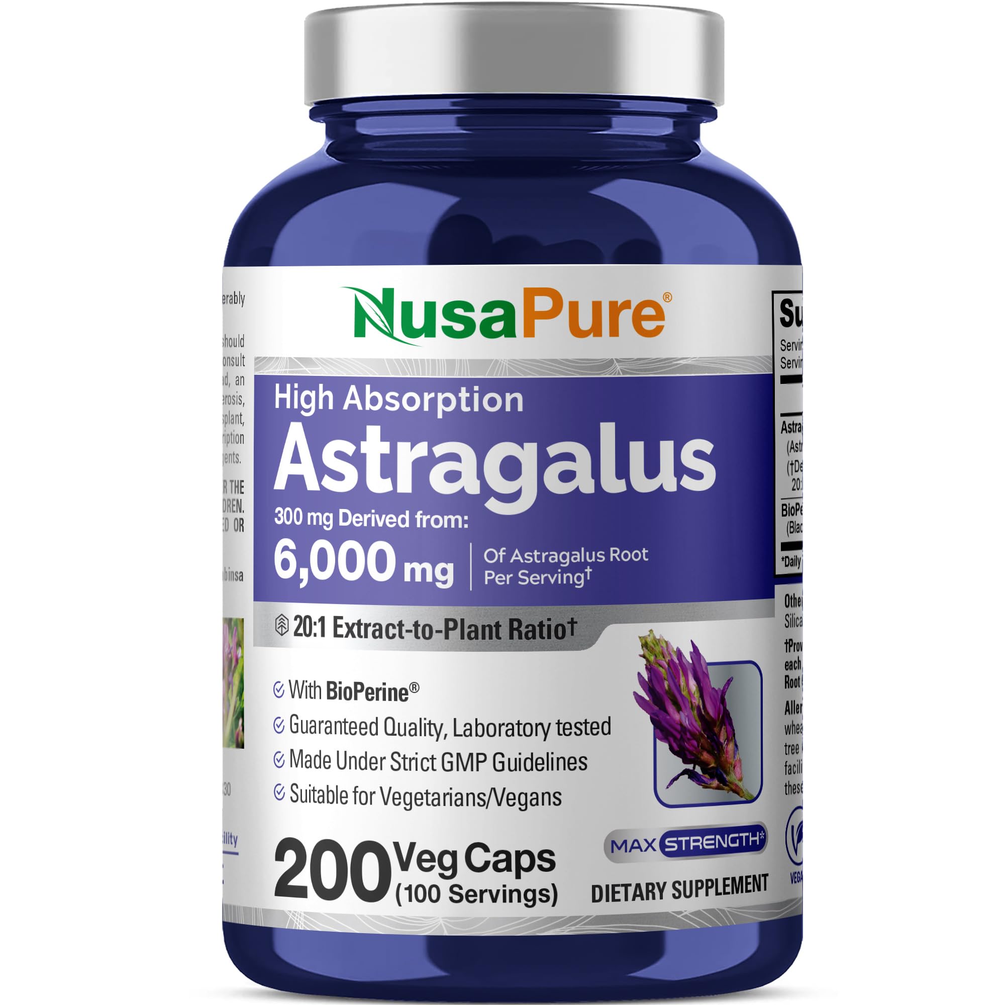 NusaPure Astragalus 20:1 Extract, 300 mg Equivalent to 6,000mg Per Serving, 200 Veggie Capsules, Vegan, Non-GMO & Bioperine NusaPureAu supplements