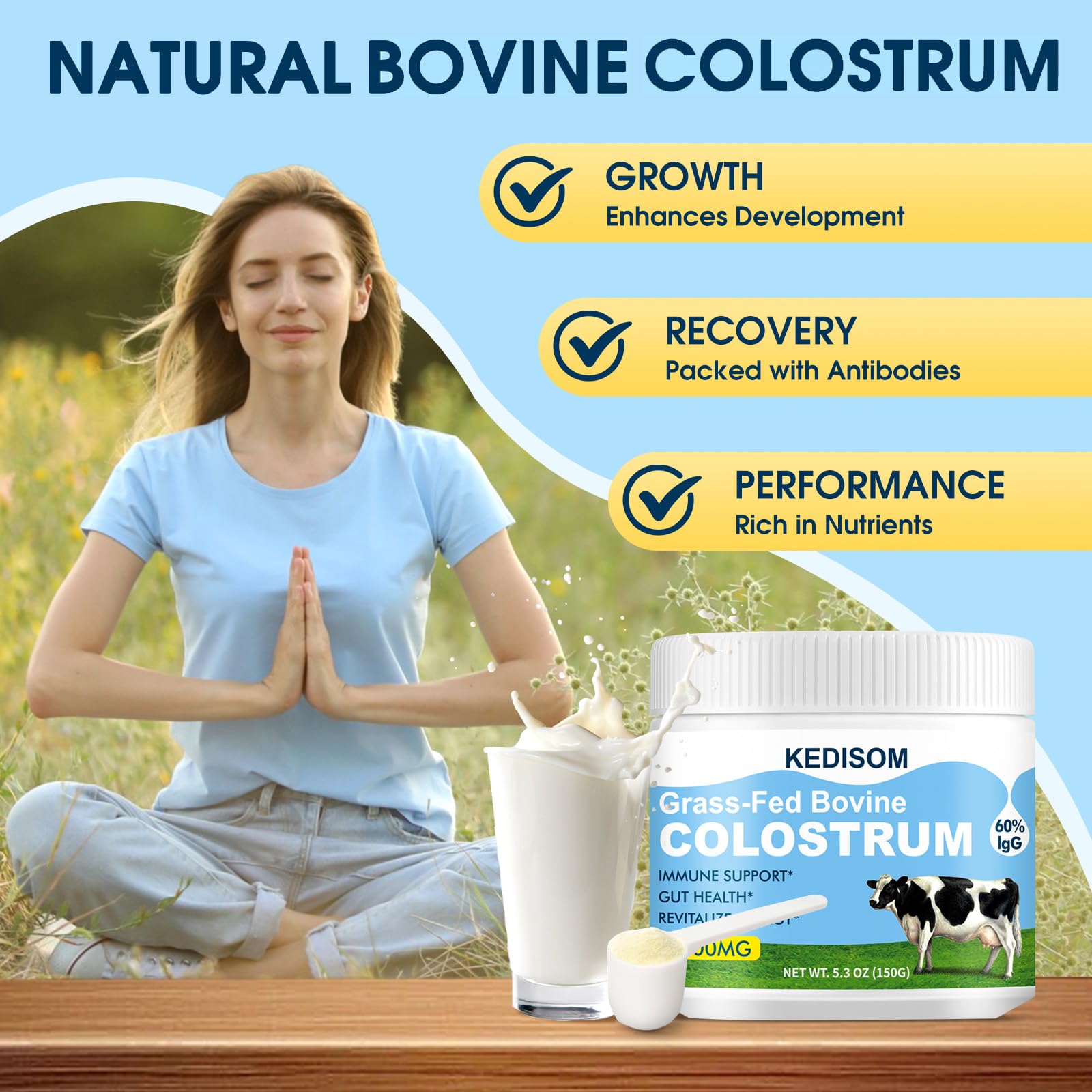 KEDISOM Grass-Fed Bovine Colostrum Supplement Powder - 60% High IgG 3000 mg for Gut Health, Immune Support - Easy to Mix Natural Liposomal Colostrum Superfood, Unflavored, 50 Servings KEDISOMAu supplements
