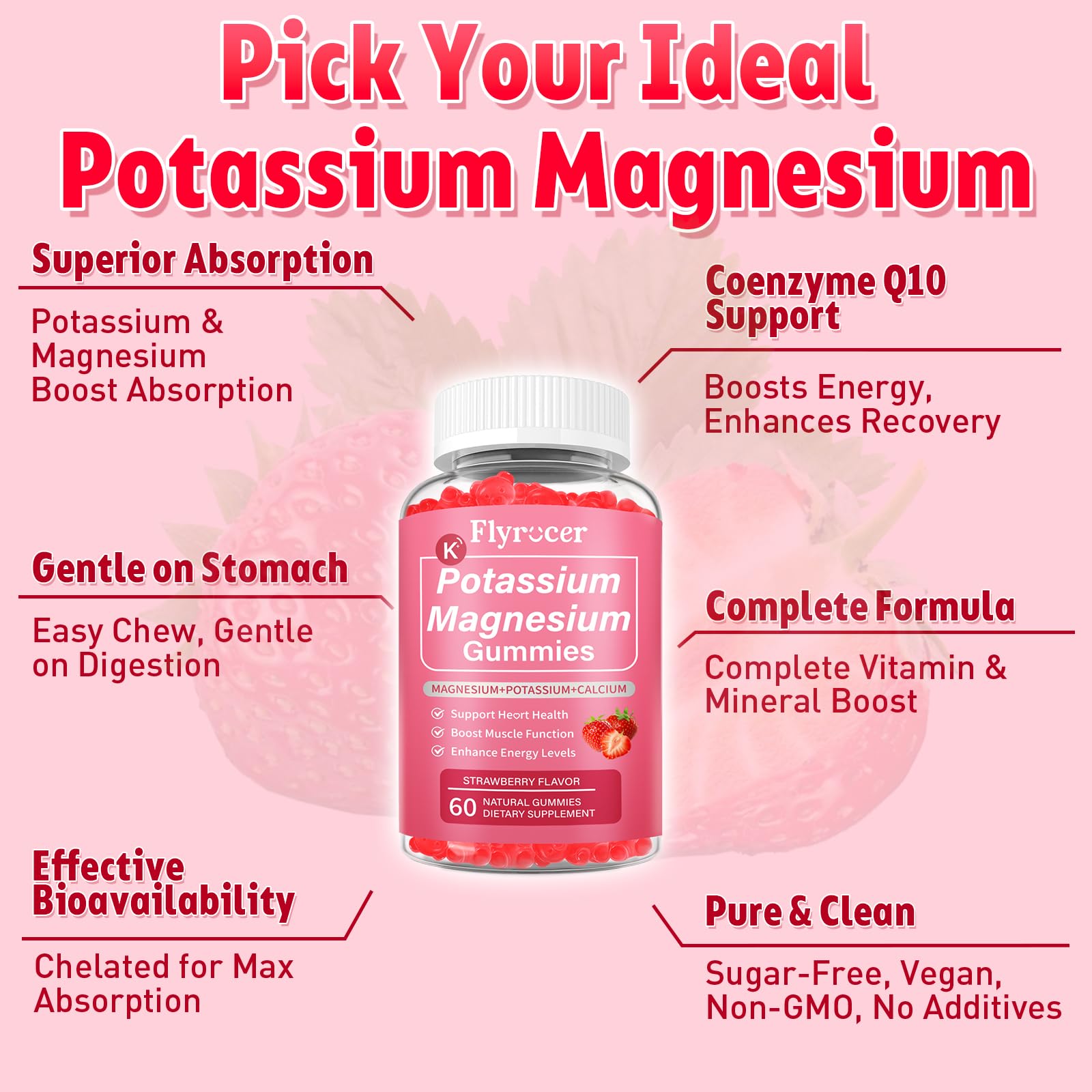 2 Pack Potassium Magnesium Gummies for Men & Women, Potassium Magnesium Supplement for Leg Cramps, Muscle Health, & Electrolyte Balance, Strawberry Flavor, 120 Gummies FlyrocerAu supplements