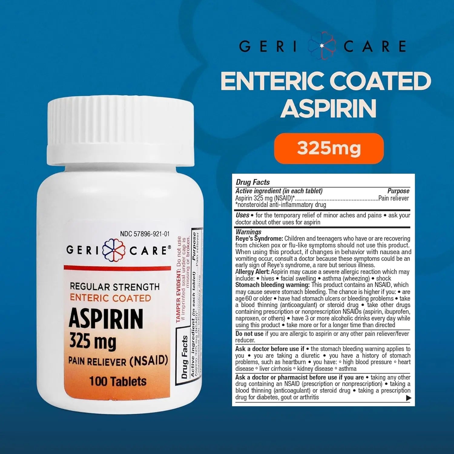 Enteric Coated Aspirin Tablets 325mg (100 Count) by GeriCare- NSAID Pain Reliever & Fever Reducer Coated Aspirin for Adults- Regular Strength Aspirin for Headache Arthritis Menstrual & Muscle Pain GeriCareAu supplements