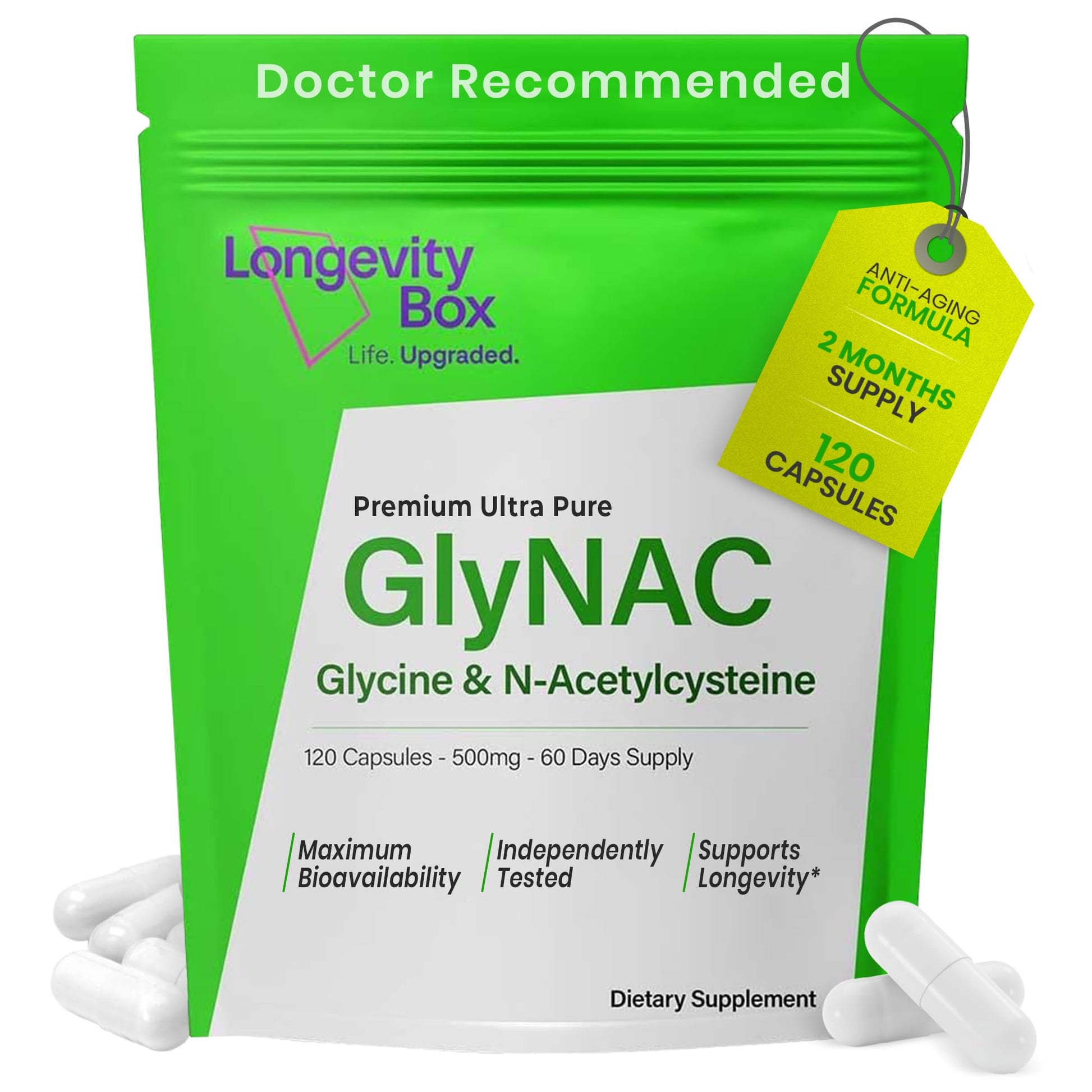 Longevity Box Ultra Pure GlyNAC Supplement 1000mg (500mg Glycine + 500mg N-Acetyl Cysteine) - Glutathione Precursor for Healthy Aging, Energy & Cellular Protection - 120 Vegan Capsules Longevity BoxAu supplements