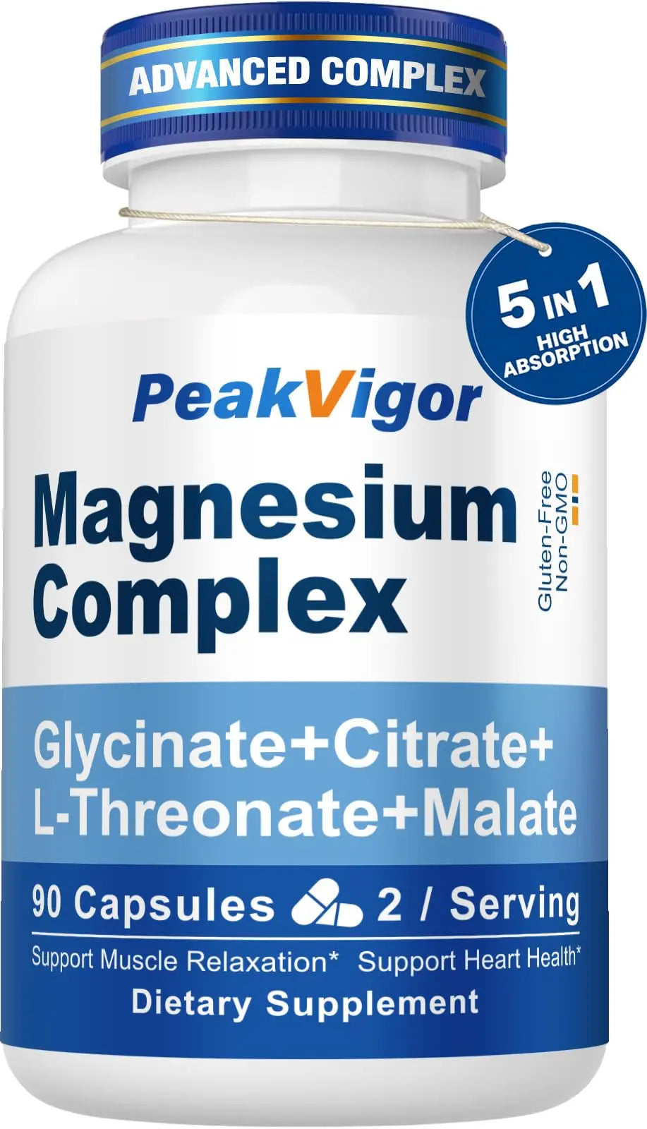 5 in 1 Magnesium Complex, 976mg Complex with Magnesium Glycinate, Citrate, Malate & L-Threonate, Vitamin B6 for High Absorption, Third Party Tested, Gluten-Free, Easy-Swallow Vegan Capsule PeakVigorAu supplements