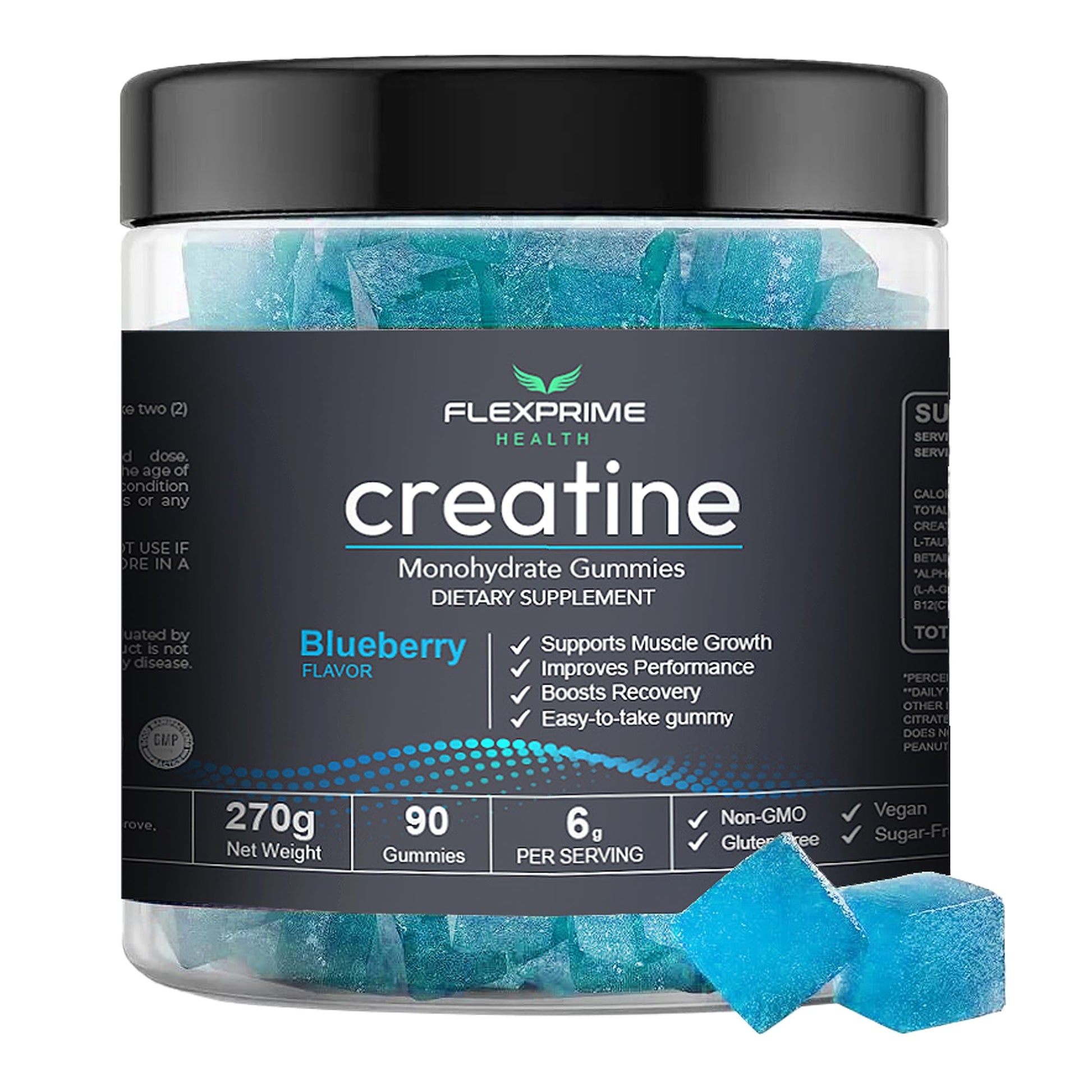FlexPrime Creatine Gummies Sugar Free - 6g Creatine Monohydrate + L-Taurine, Alpha GPC, Betaine | Vegan Halal Blueberry Chews for Lean Muscle, Strength, Brain Health | Men Women 90 Count FlexPrimeAu supplements