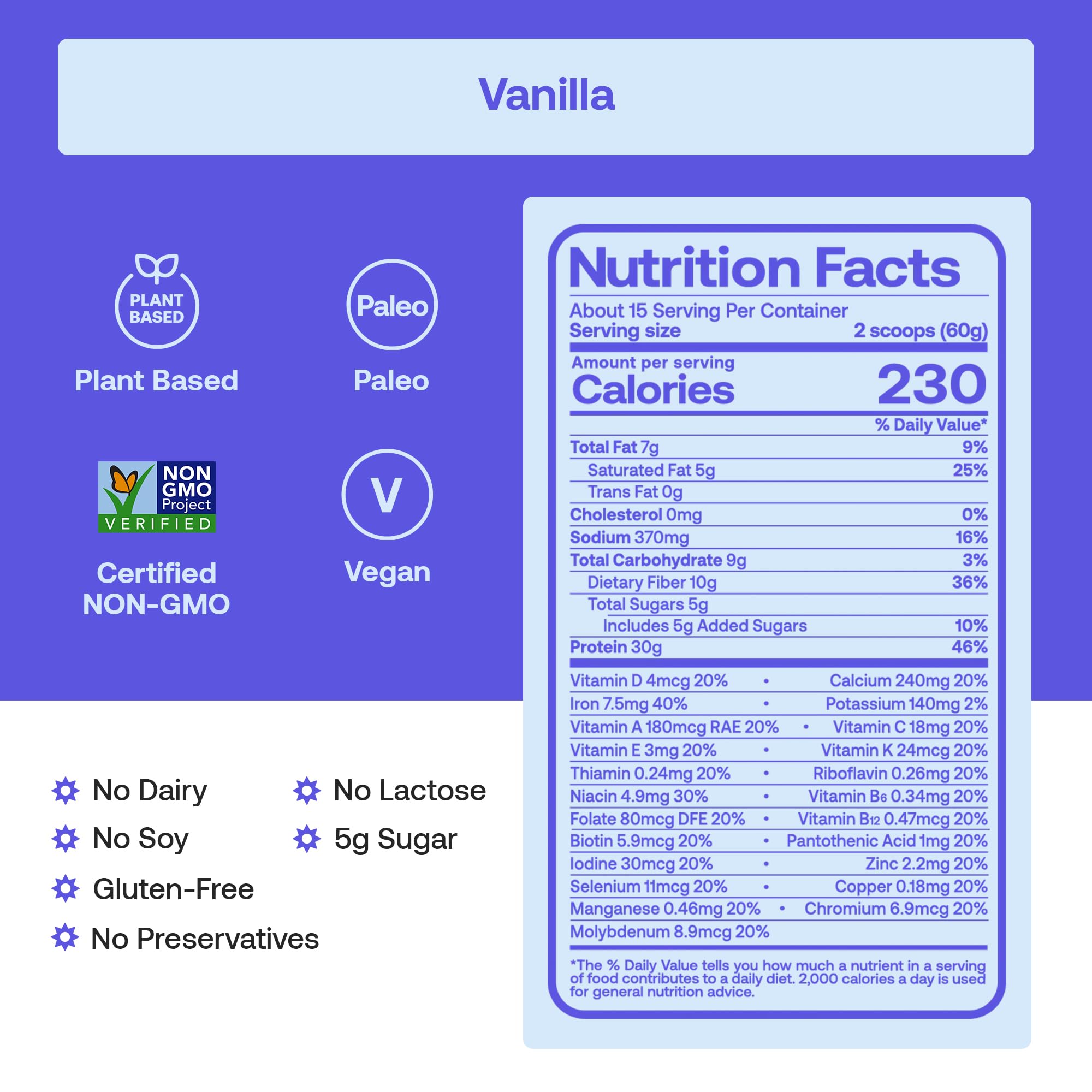 Happy Viking Plant-Based Protein Powder +100 Superfoods Vanilla Meal Replacement Shake, Created by Venus Williams, 30g Plant Protein, 10g Fiber, Vegan, Gluten-Free, Non-GMO, 15 Meals