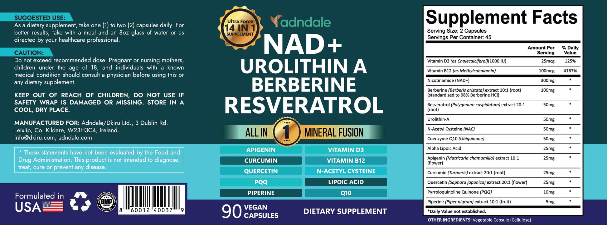 Adndale NAD Supplement. Longevity Formula with Liposomal NAD+, Trans Resveratrol, Urolithin-A, Berberine, CoQ10. NMN Supplement Alternative. 90 Count AdndaleAu supplements