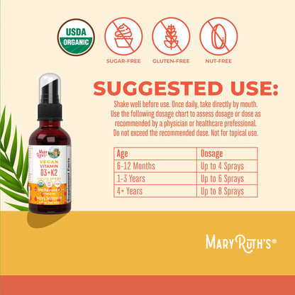 MaryRuth's Organic D3 + K2 Spray for Adults & Kids for Bone Health | Vitamin D3 as Cholecalciferol | Vitamin K2 | Immunity | Mineral Absorption | Heart Health | Vegan | Non-GMO | Gluten Free | 1 Fl Oz MARYRUTH'SUS supplements