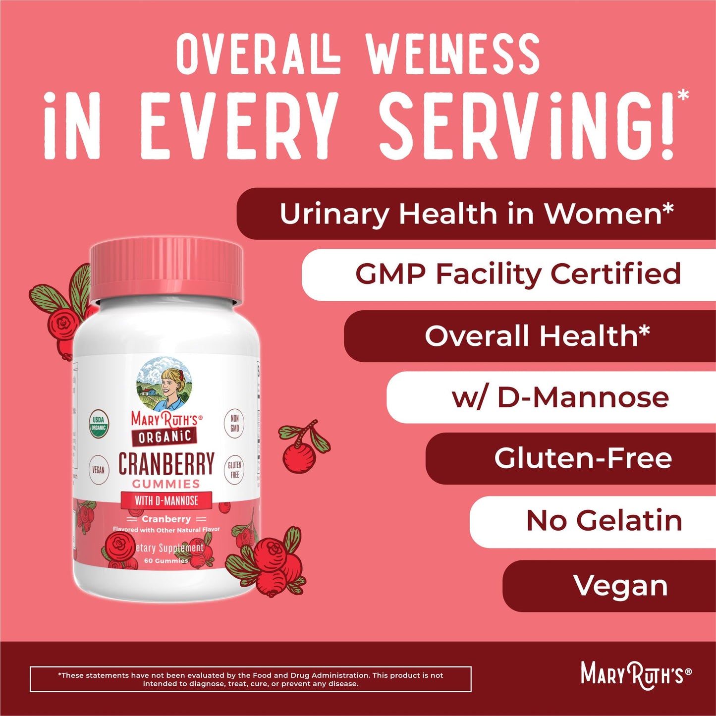 MaryRuth Organics Organic Cranberry Gummies - 500mg Supplement | Urinary Tract Health for Women | with D Mannose | Traditional Use MARYRUTH'SUS supplements