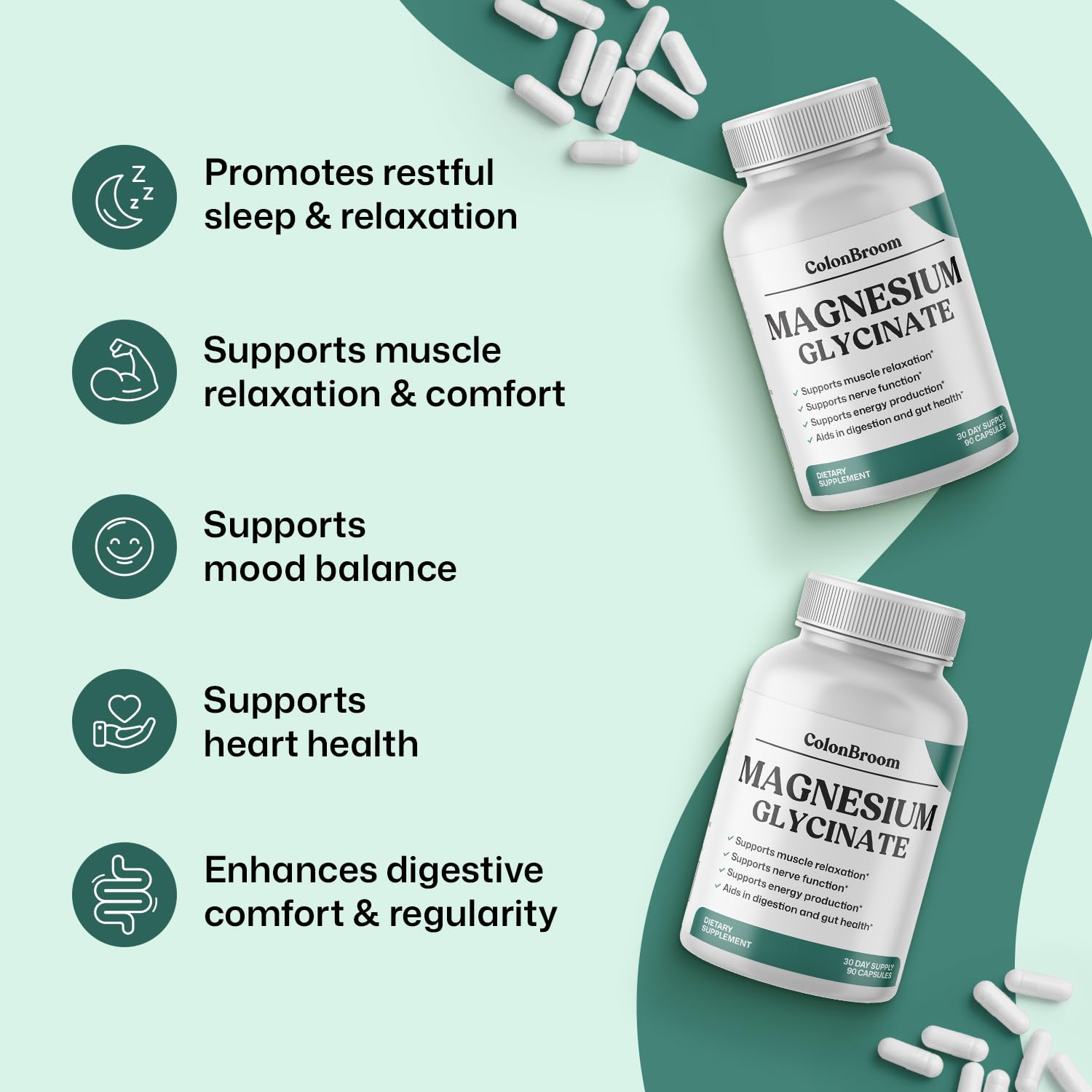 ColonBroom Pure Magnesium Glycinate Capsules | Supplement for Sleep, Heart & Muscle Support | Non-GMO, Gluten Free, Vegan & Sugar-Free | 1 Month Supply (90 Capsules) ColonBroomAu supplements
