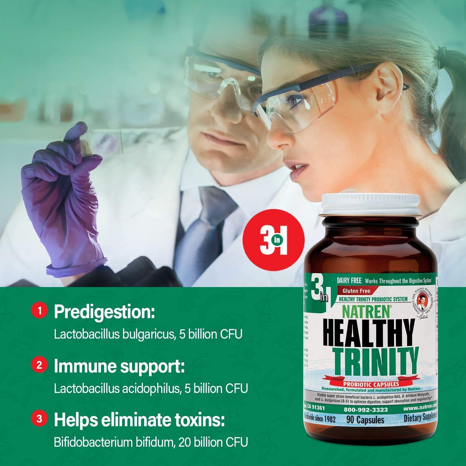 Natren Healthy Trinity Probiotics Supplement - 90 Dairy and Gluten Free Gel Capsules - Improve Gut and Digestive Health, 30 Billion CFU - Lactobacillus Acidophilus, Bifidobacterium, Bulgaricus NatrenAu supplements