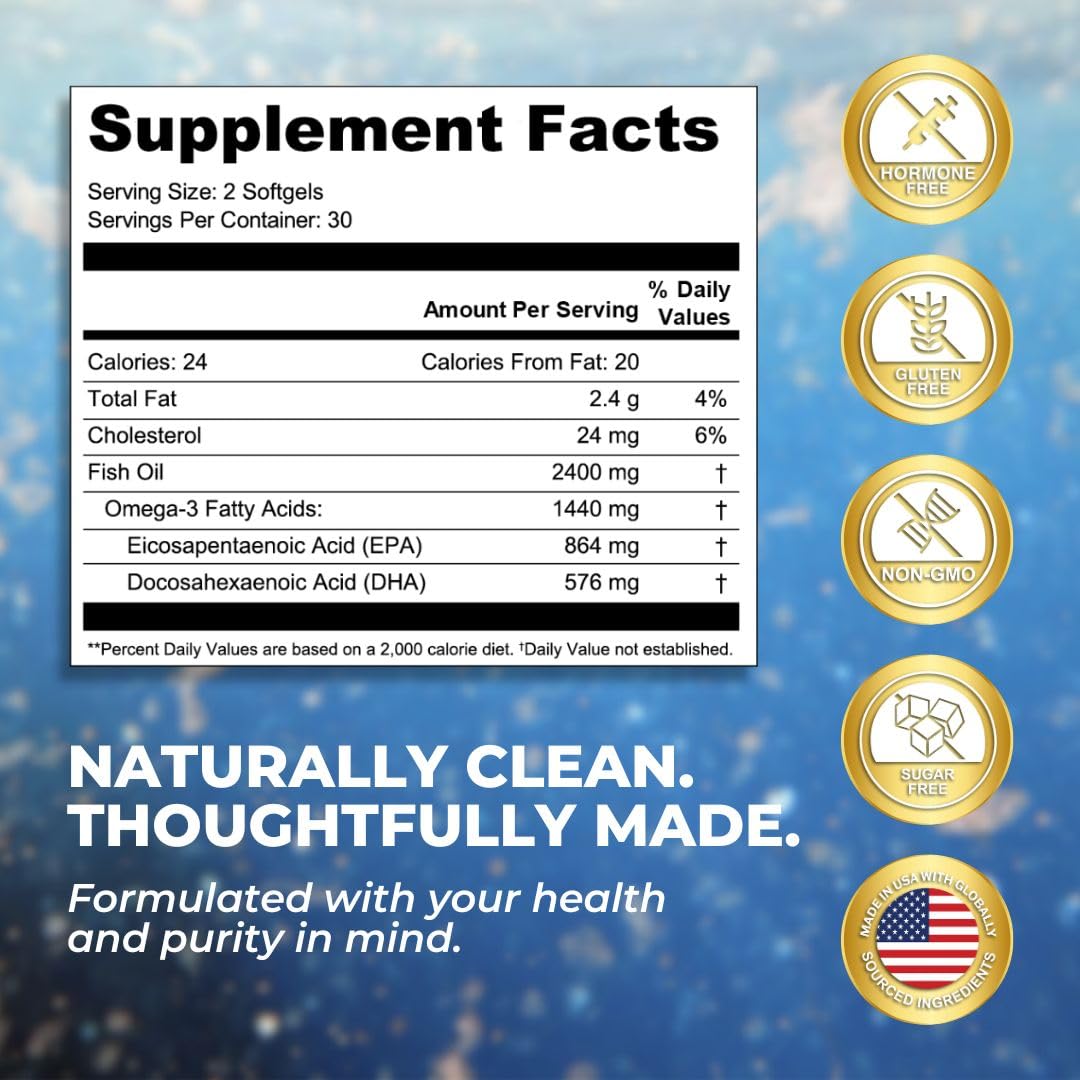 Vital Omega 3 Fish Oil Supplements 2400mg | 864mg EPA & 576mg DHA | 1440mg Total Omega-3 Fatty Acids | Promotes Brain & Heart Health | Non-GMO, Gluten-Free, Sugar-Free | Lemon | 60 Day Servings VITAL NUTRITIVEAu supplements
