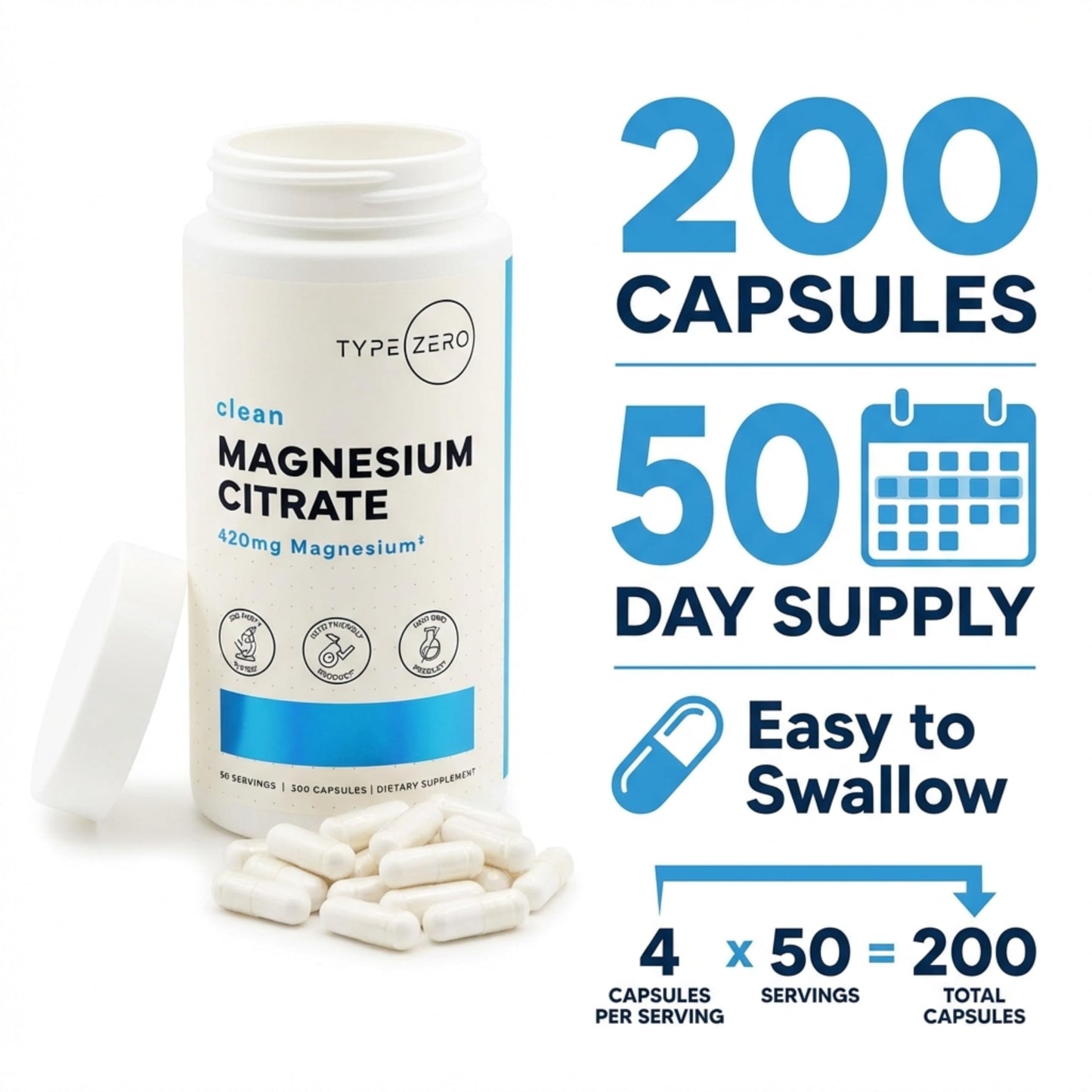 Type Zero Clean Magnesium Citrate Capsules (420mg Per Serving - 200 Capsules) Pure Magnesium Citrate Supplement, Non-GMO - Gluten Free, 50 Servings Type ZeroUS supplements