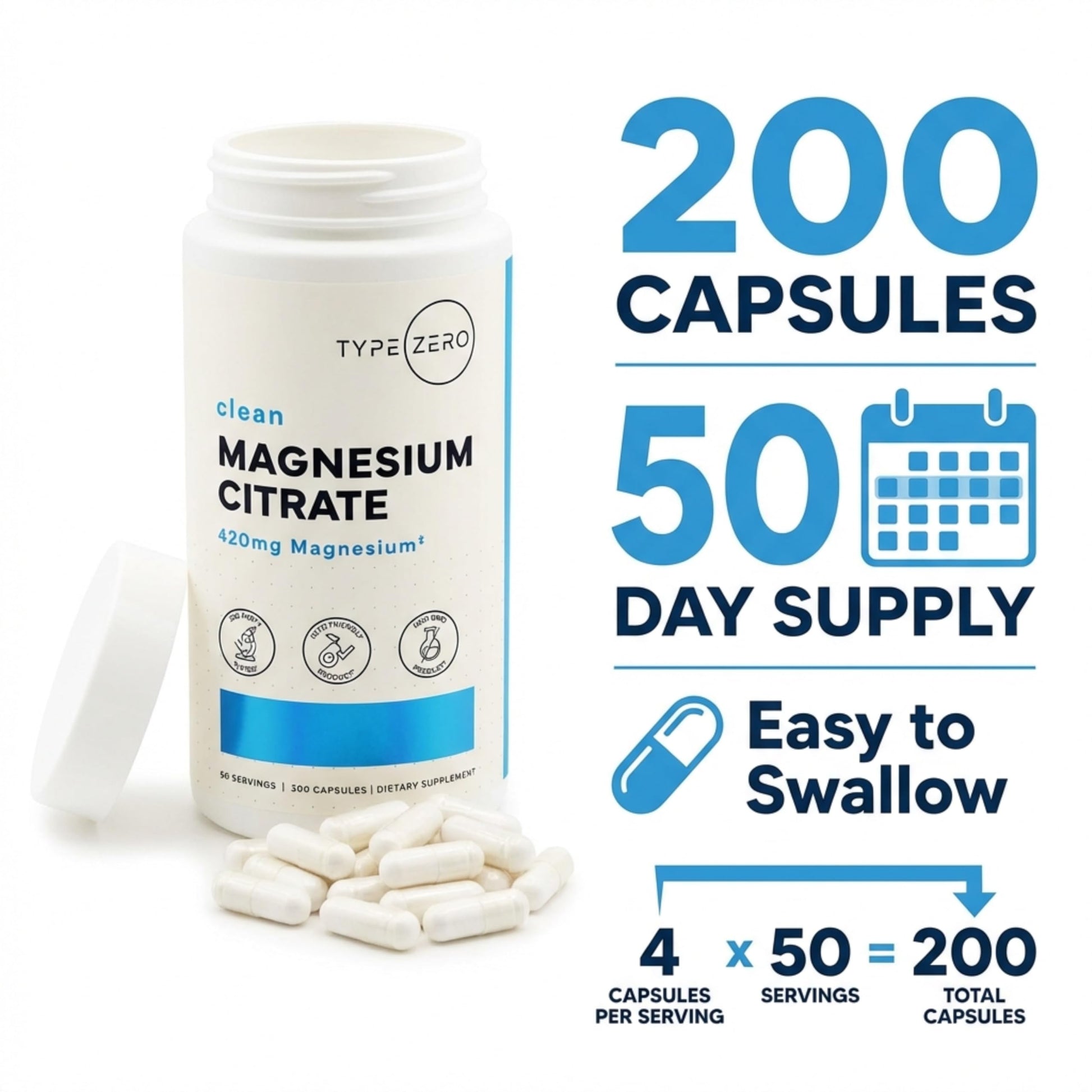 Type Zero Clean Magnesium Citrate Capsules (420mg Per Serving - 200 Capsules) Pure Magnesium Citrate Supplement, Non-GMO - Gluten Free, 50 Servings Type ZeroUS supplements