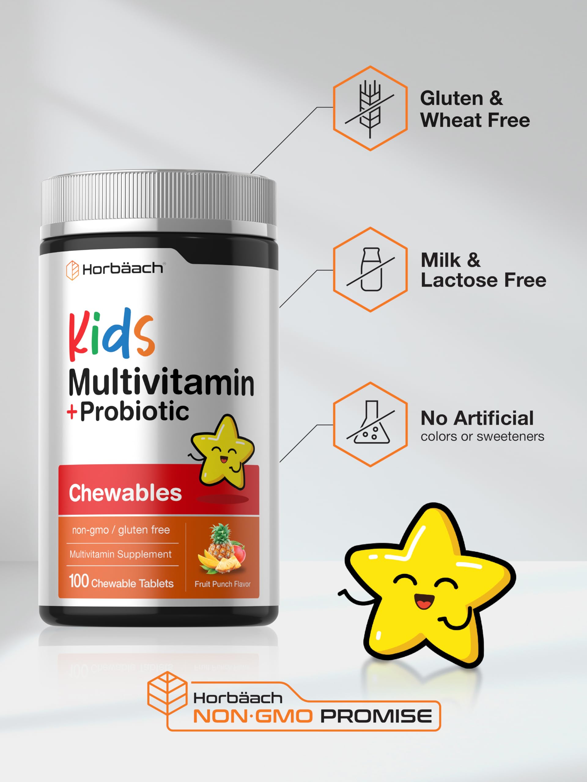 Horbäach Kids Multivitamin with Probiotics | 100 Chewable Tablets | Fruit Punch Flavor | Vegetarian, Non-GMO, Gluten Free Children's Supplement HorbäachAu supplements