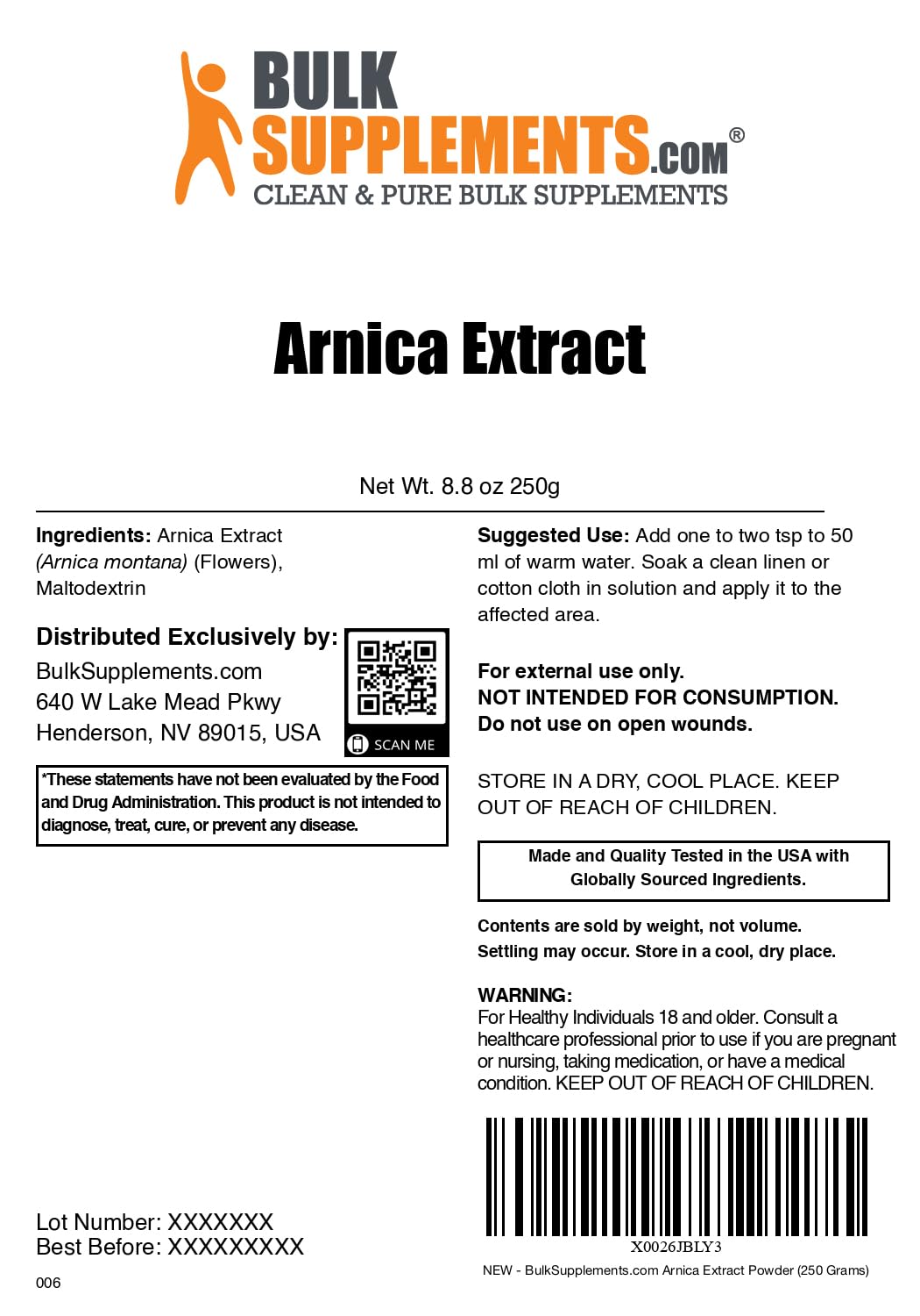 BulkSupplements.com Arnica Extract Powder - Herbal Supplement, from Dried Arnica Flowers, Servings Vary Per Use, 250g (8.8 oz) (Pack of 1) BulkSupplementsAu supplements