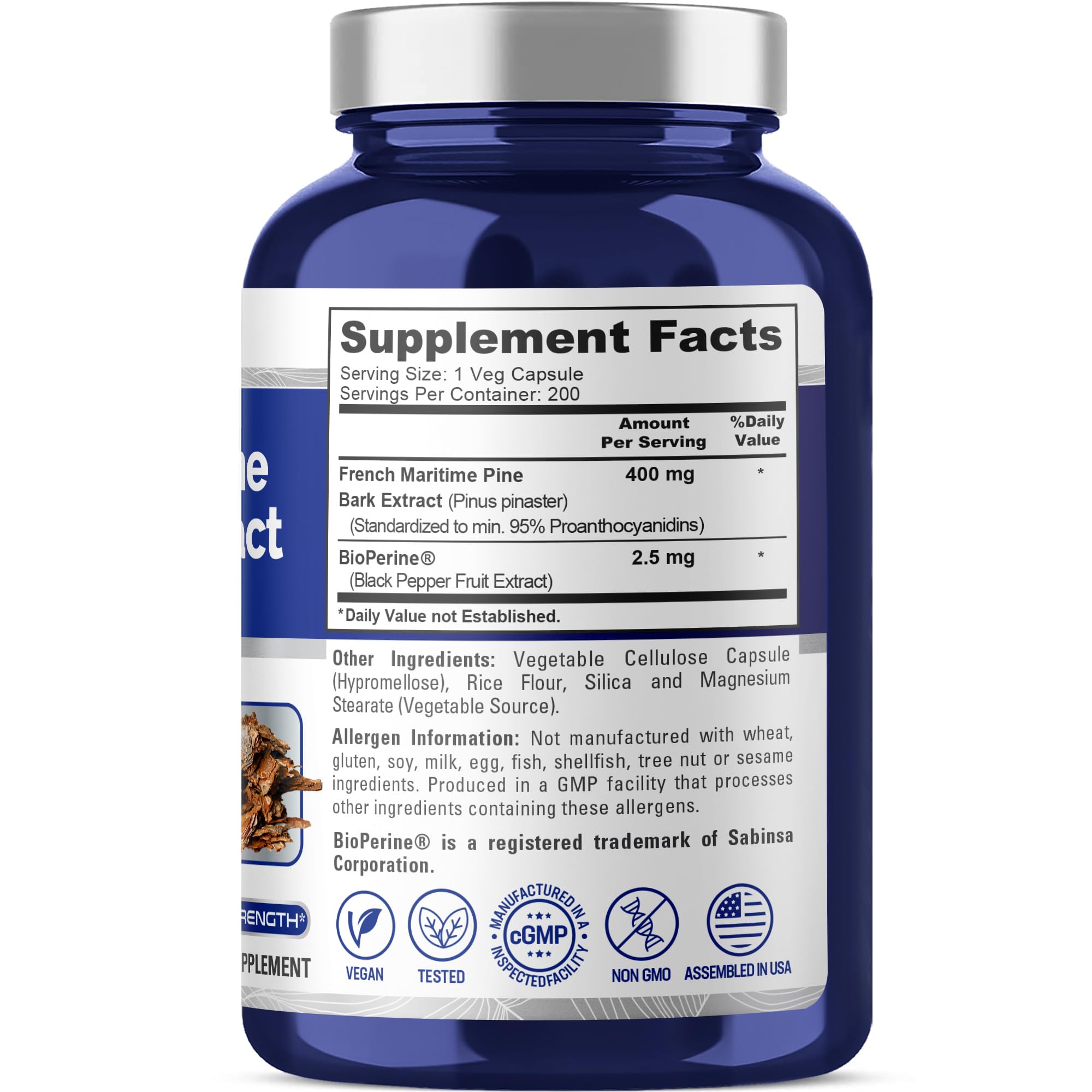 NusaPure French Maritime Pine Bark Extract 400mg per Veggie Caps 200-Day Supply Bioperine Non-GMO Vegan NusaPureAu supplements