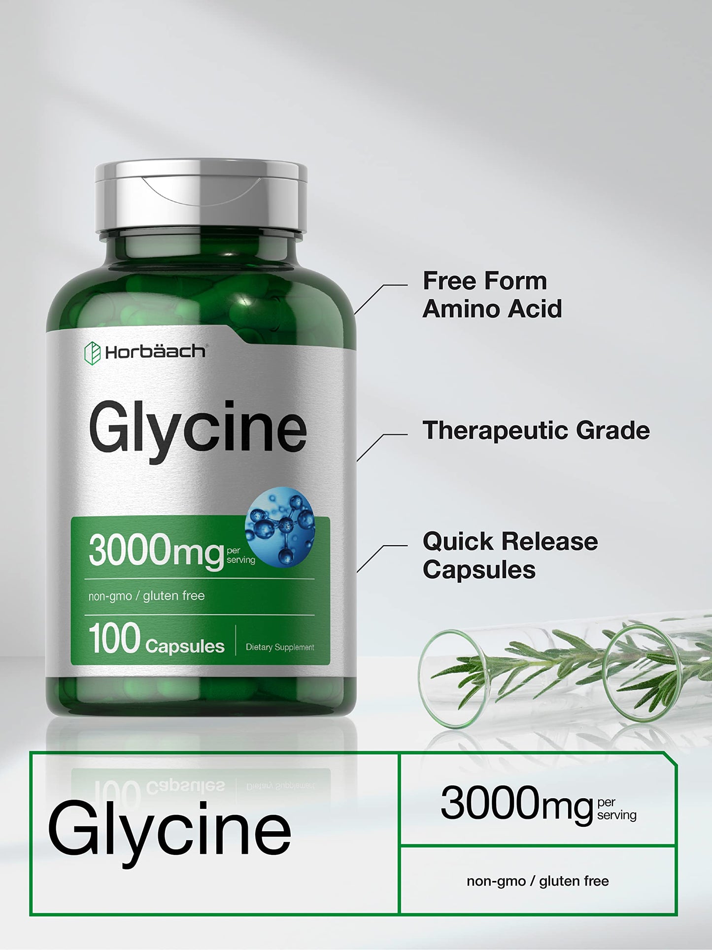 Glycine 3000 mg 100 Capsules | Non-GMO, Gluten Free Glycine Supplement | by Horbaach HorbäachUS supplements