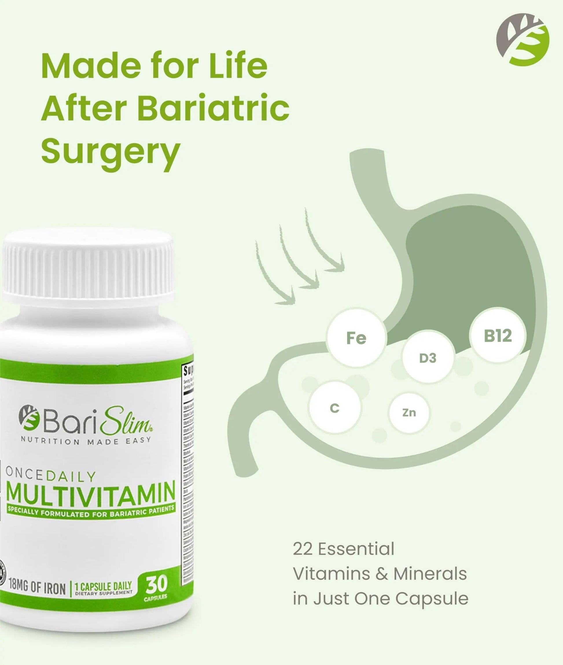 BariSlim Once Daily Bariatric Multivitamin Capsule - 18mg of Iron - Bariatric Vitamin & Supplement for Post Surgery Including Gastric Bypass BariSlimAu supplements