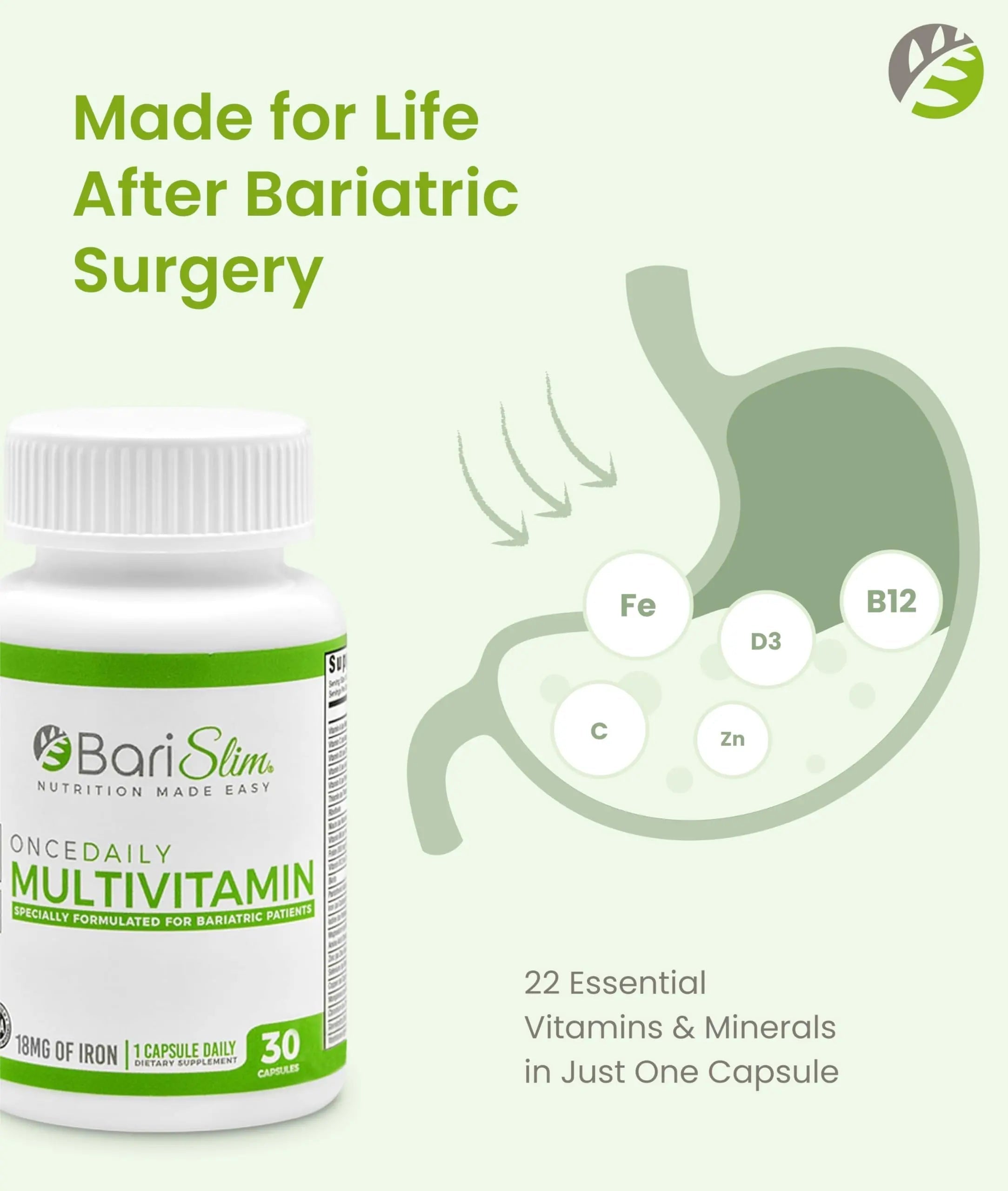 BariSlim Once Daily Bariatric Multivitamin Capsule - 18mg of Iron - Bariatric Vitamin & Supplement for Post Surgery Including Gastric Bypass BariSlimAu supplements
