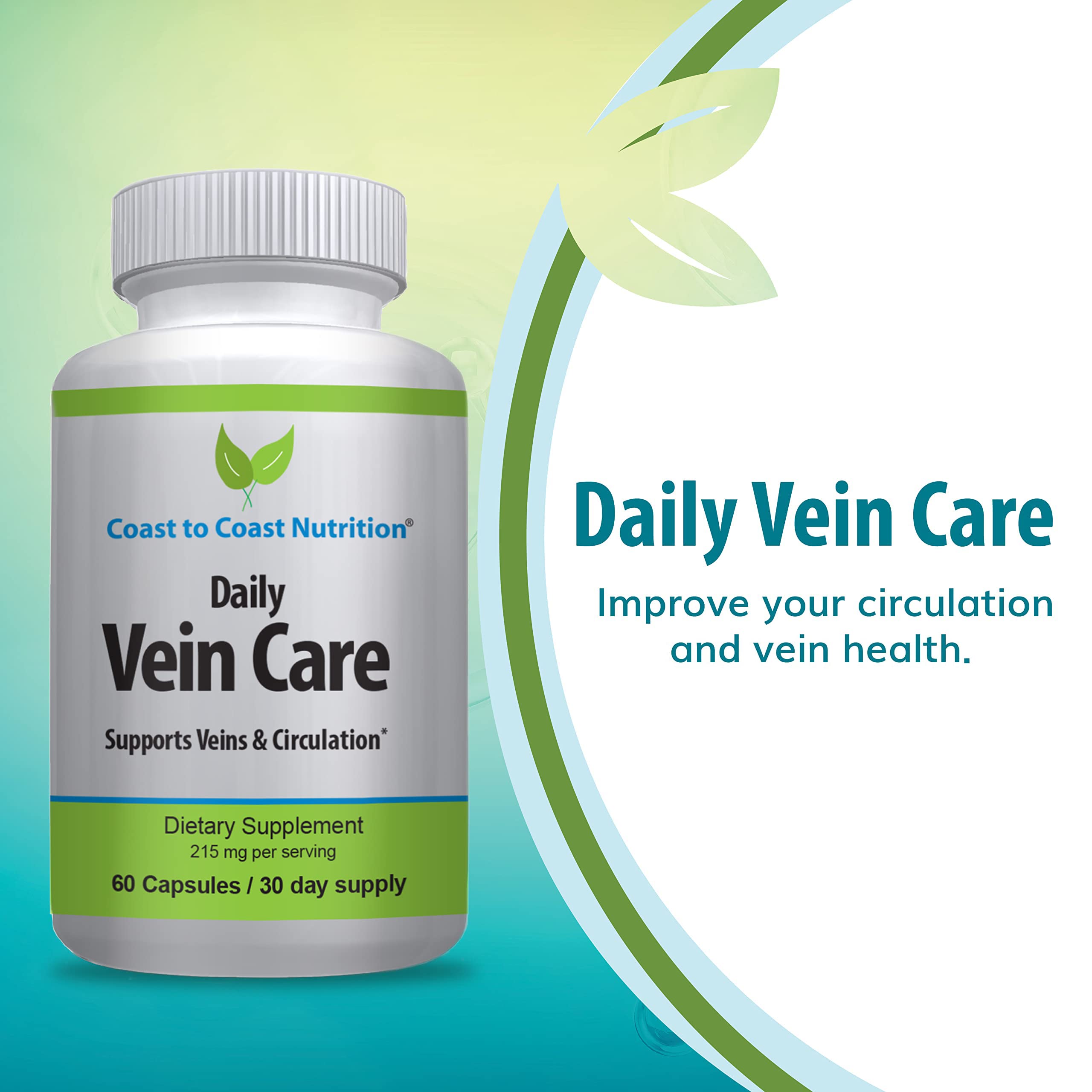 Coast to Coast Nutrition Daily Vein Care Supplement Capsules — Circulation Formula with a Natural Blend of Calcium, Vitamin D3, Vitamin K2 Plus BioPerine for Max Absorption Vein Formula — 60 Capsules Coast to Coast NutritionAu supplements