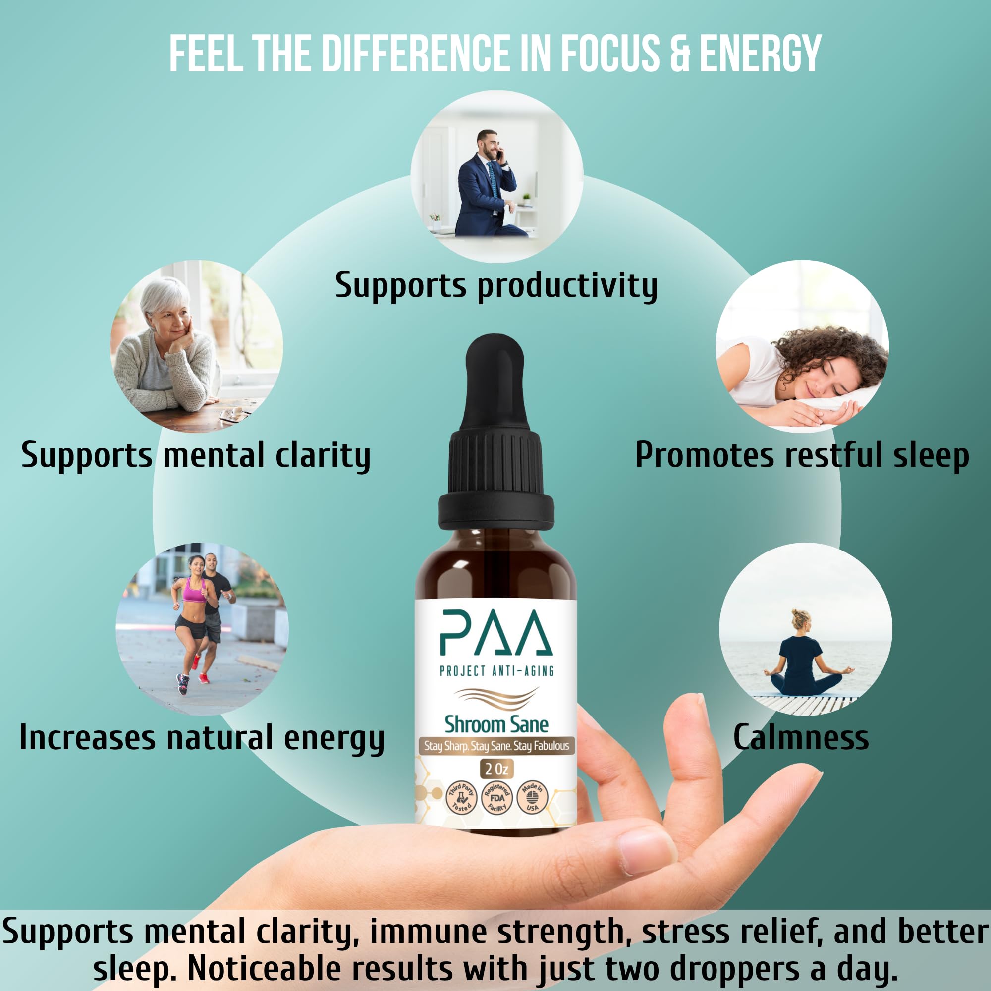 Project Anti-Aging Shroom Sane Liquid Drops with Lion’s Mane Mushroom Supplement Drops – 8 Mushroom Complex Tincture with Reishi, Cordyceps, Turkey Tail & Magnesium – USDA Organic, Vegan, Project Anti-AgingAu supplements