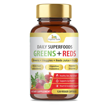 Organic Veda Super Greens & Reds Capsules - Organic Superfoods, Daily Greens, Red Juice, Fruits & Vegetables Supplement - Papaya Enzymes, Digestive Herbs, Bromelain, Antioxidants - 120 Veggie Capsules Organic VedaAu supplements