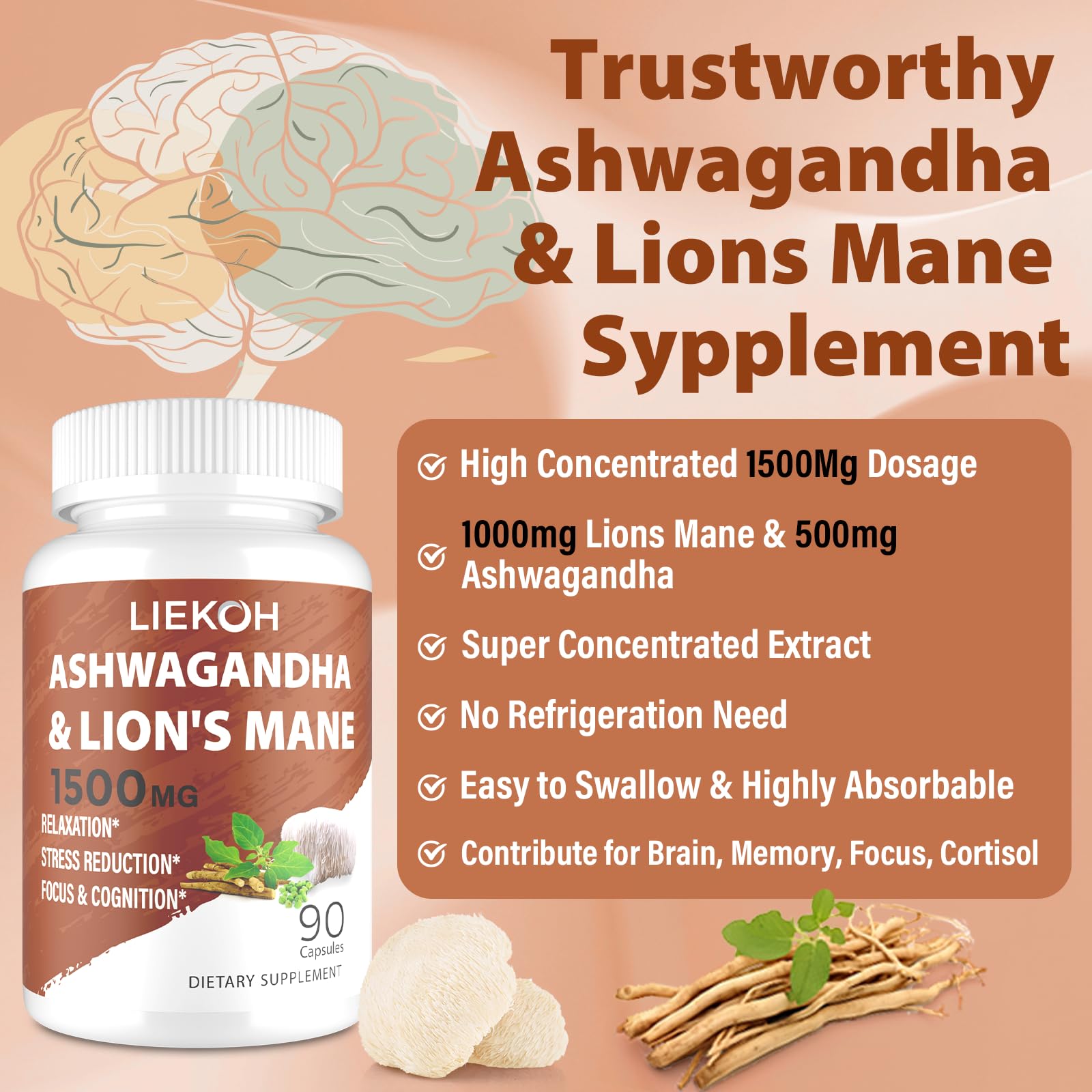 Liekoh Ashwagandha & Lions Mane Supplement Capsules, Brain Supplements for Memory and Focus, Ashwagandha Supplement with Rhodiola & Black Peppe, Cortisol Supplements for Women & Men,90 Caps LiekohAu supplements