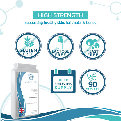 Silica 225mg – 90 Capsules - A Potent Highly Bioavailable Form - Naturally Sourced from Bamboo Extract - One-A-Day Vegan Capsules to Support Healthy Hair, Nails and Skin - Made in The UK Xspan LabsUS supplements