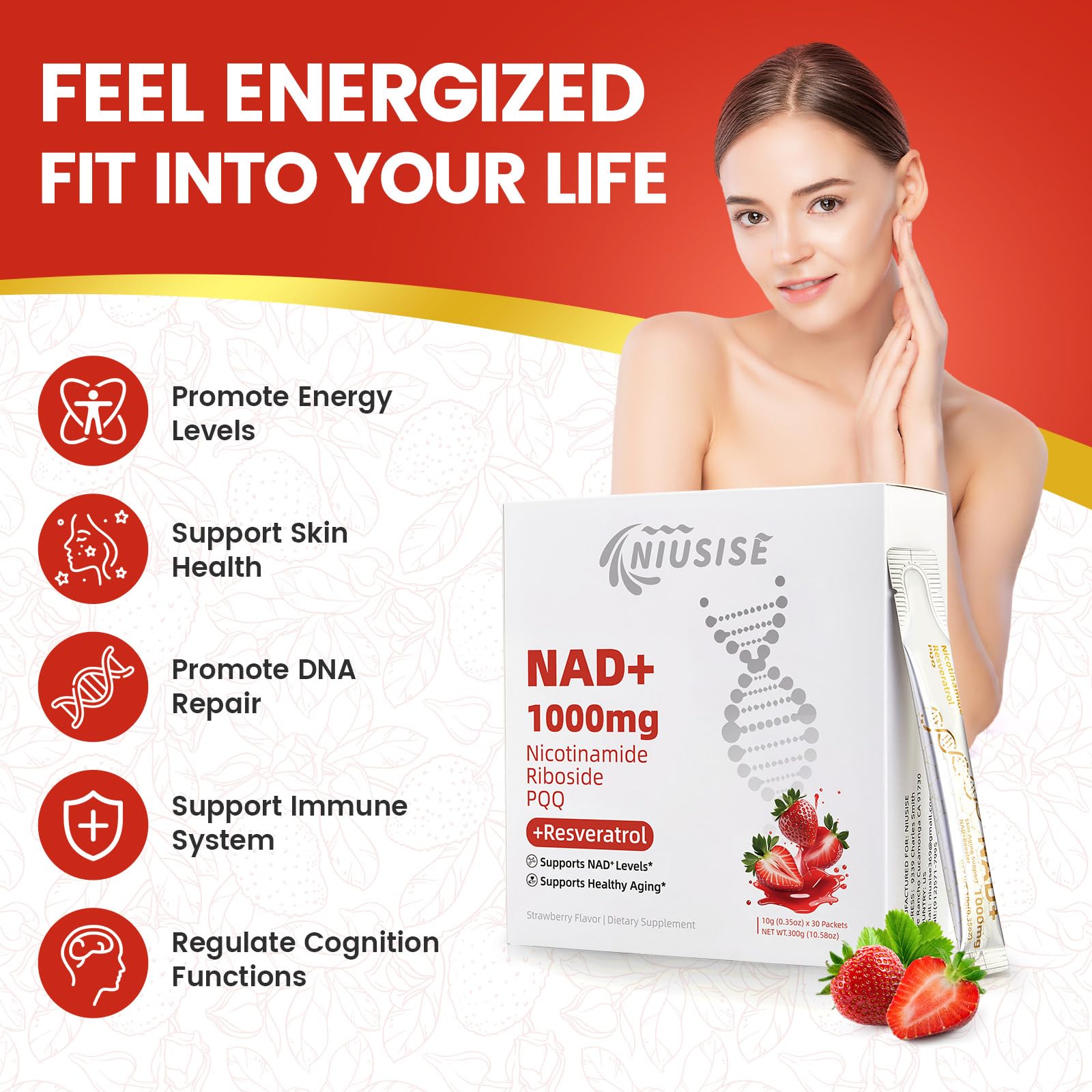 NIUSISE NAD Supplement, NAD+ Liquid, 1000mg Enhanced Formula with PQQ, Nicotinamide Riboside & Resveratrol, Advanced Anti-Aging Support for Men & Women, Sustained Energy, Vitality Boost (30 Packets) NIUSISEAu supplements
