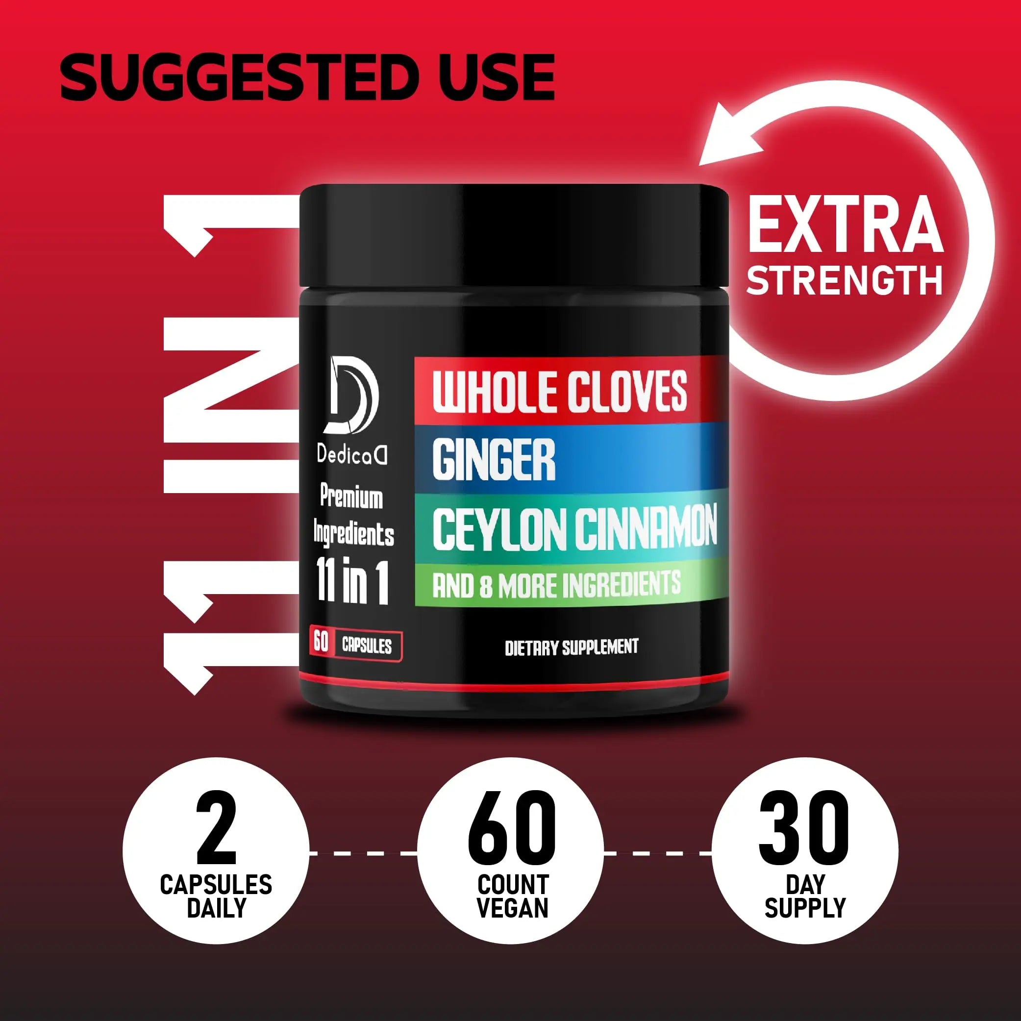 DEDICAD 11in1 Cloves Supplement with Ginger, Ceylon Cinnamon and 8 Other More - Digestive, Immune System, Mood Support - 60 Capsules - 30 Days Supply DEDICADnz supplements