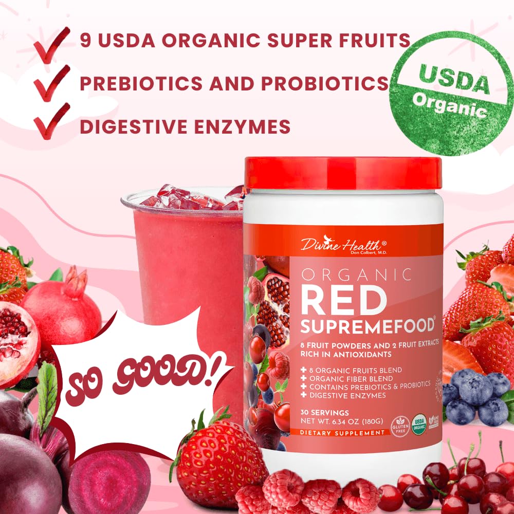 Dr. Colbert, MD Organic Red Supremefood | Berry Flavored Blend | by Divine Health | 10 Organic Fruits | Probiotics | Enzymes | Herbs | Fiber | Antioxidants | Non-GMO | 30 Day Supply | 180g Divine HealthAu supplements
