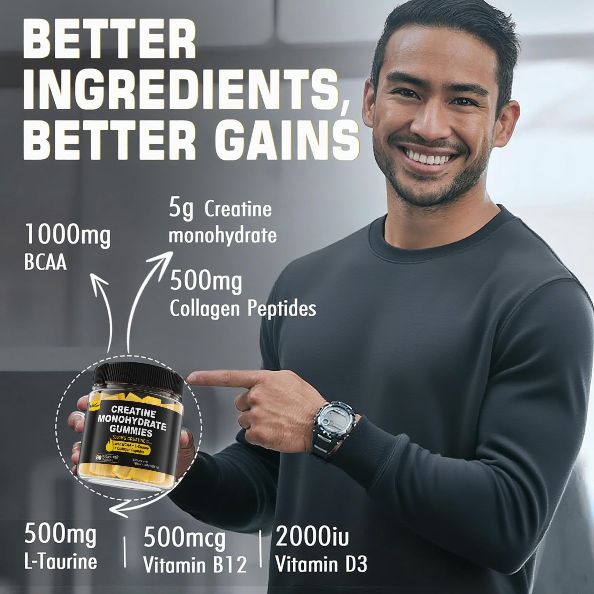 Creatine Monohydrate Gummies for Men & Women - with BCAA, Collagen Peptides, L-Taurine, Vitamin B12, D3, Chewables Creatine Monohydrate 5g Per Serving, Natural Lemon Flavor, Sugar Free, 2 Pack EnvyCureAu supplements