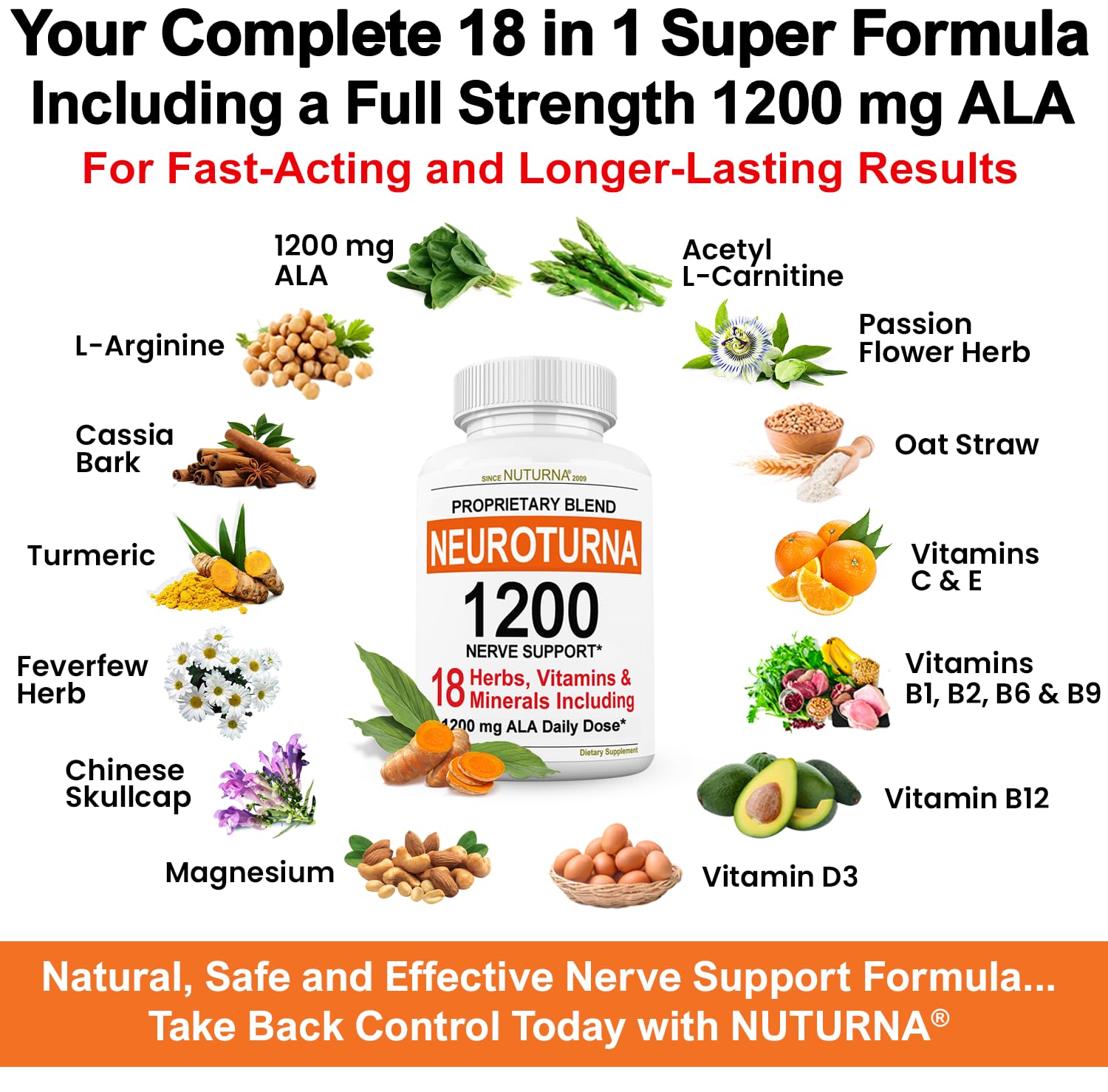 Neuroturna Support Supplement with 1200 mg Pure Alpha Lipoic Acid - Maximum Strength Formula with ALA + Vitamins + Minerals + Herbs - Best Natural Support - 180 Capsules NuturnaAu supplements